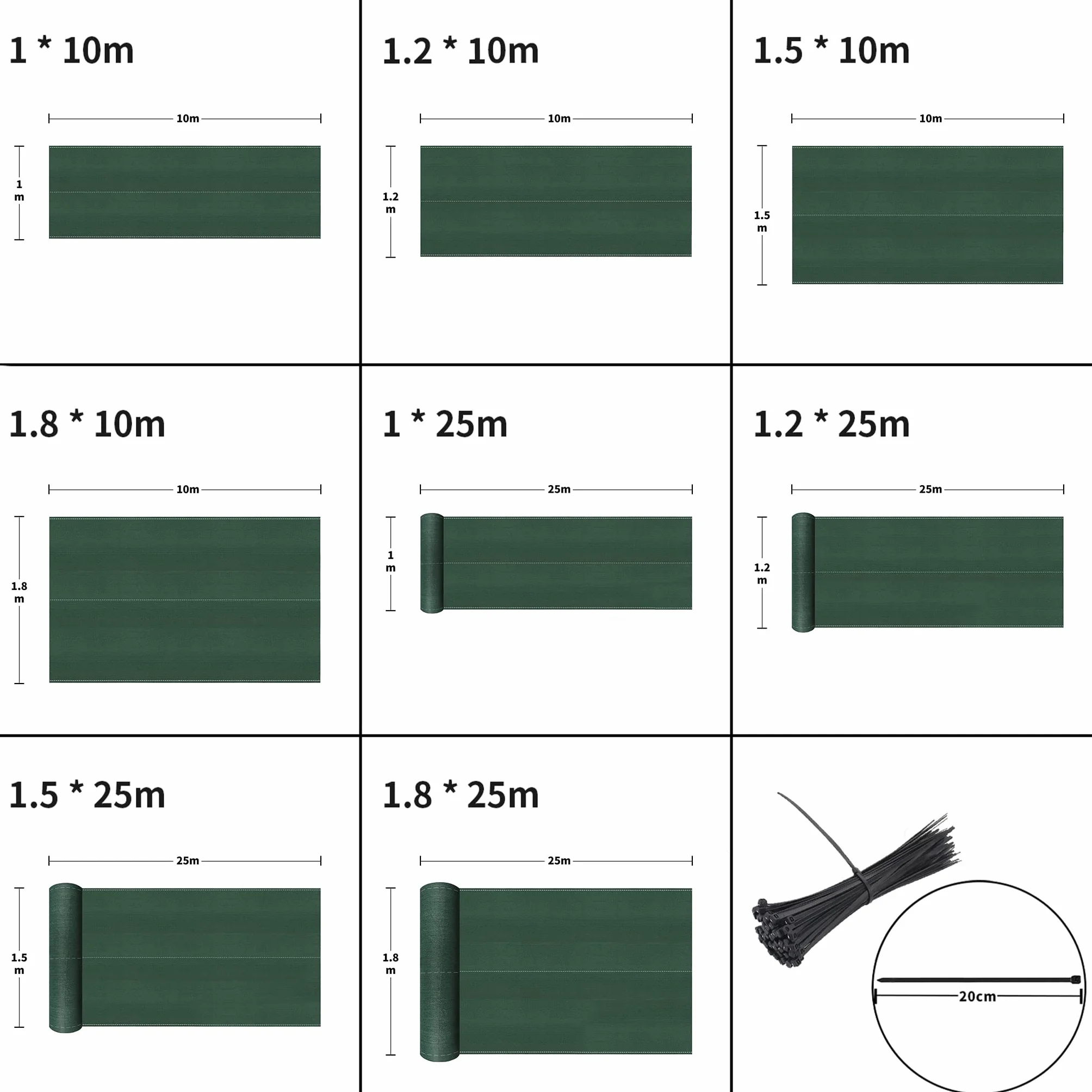 Aufun 1,5 x 10 m, ochrona przed wiatrem, osłona ogrodzenia, ochrona przed słońcem, siatka zacieniająca, osłona tenisowa z HDPE 150 g/m², tkanina zacieniająca do ogrodu, na balkon, ciemnozielona