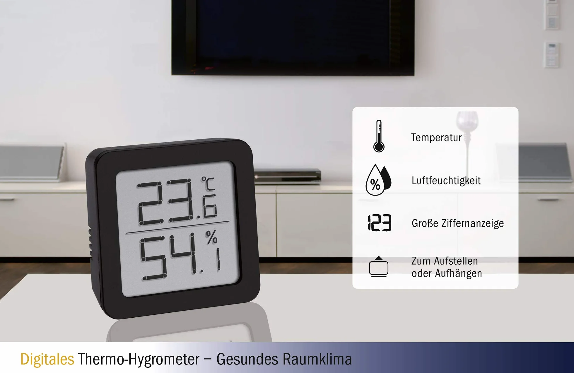 TFA Dostmann cyfrowy termo-higrometr, do kontroli klimatu w pomieszczeniu, mały i poręczny, czarny, dł. 70 x szer. 35 x wys. 110 mm