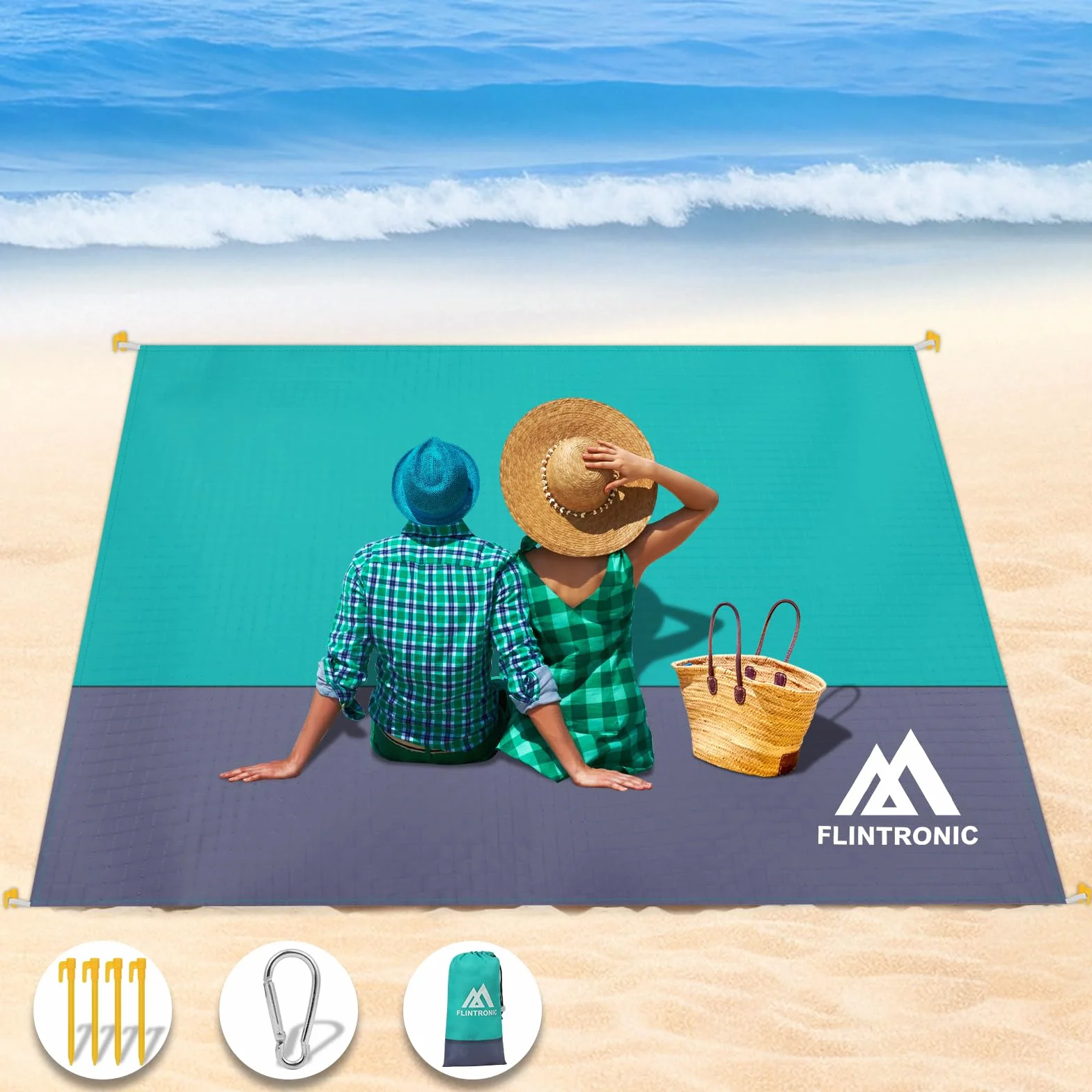 flintronic Koc plażowy odporny na piasek 210x200 cm wodoodporny duży dla 4-6 dorosłych
