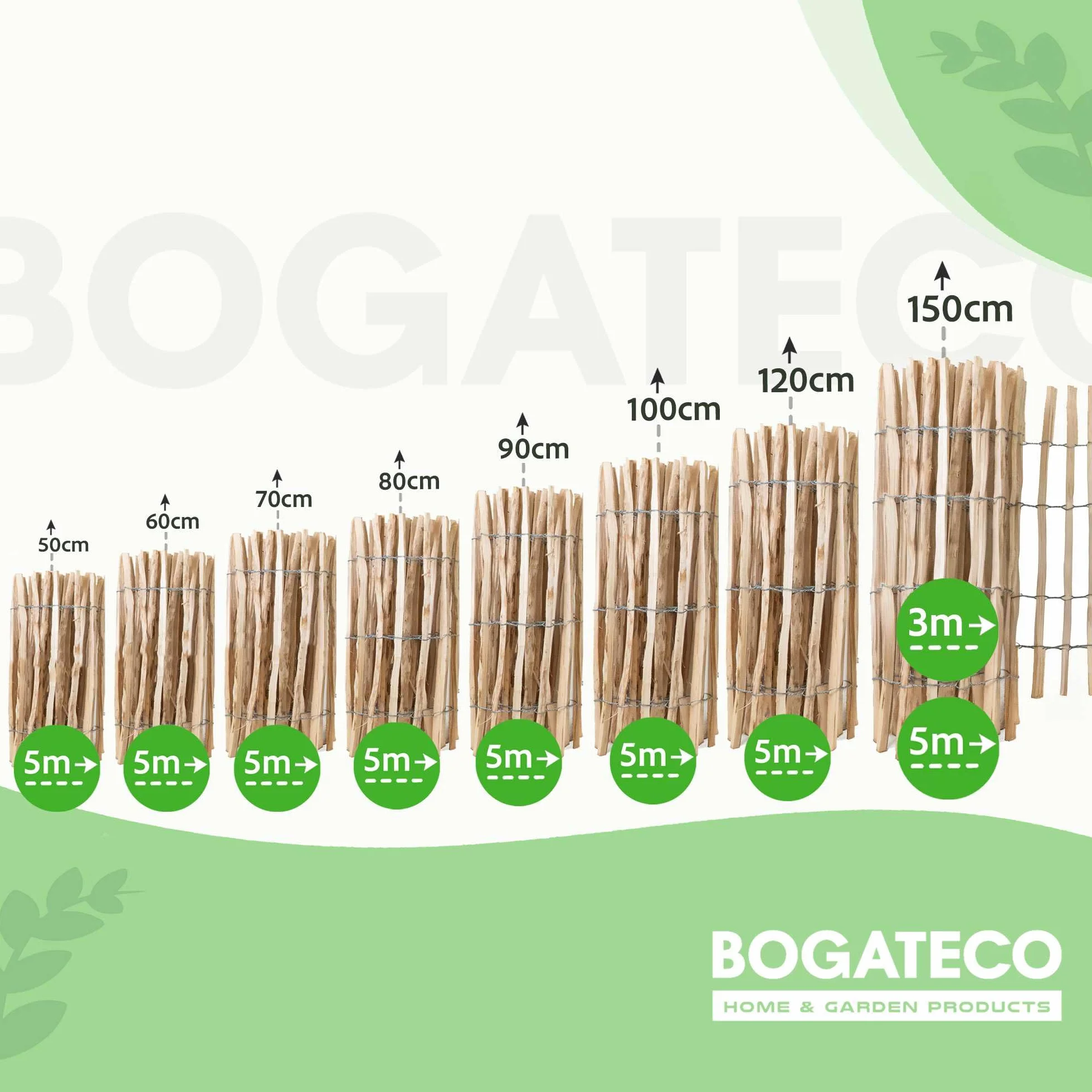 BOGATECO Ogrodzenie sztachetowe z drewna orzechowego laskowego, 80 x 500 cm, ze słupkami 120 cm, odstęp między listwami 7-8 cm, idealnie nadaje się jako ogrodzenie ogrodowe, płot ogrodowy, płot