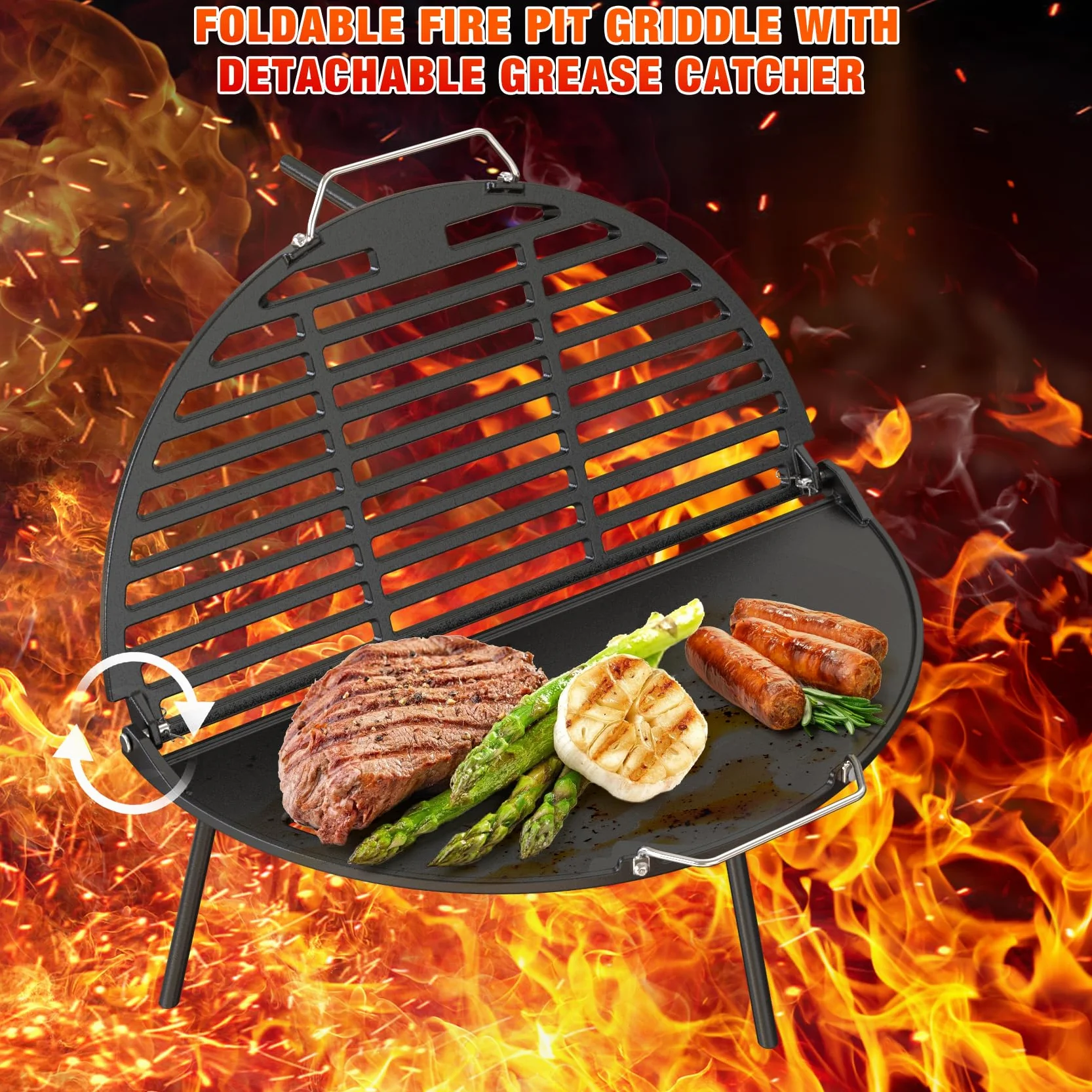 Onlyfire Żeliwna płyta grillowa Solo, bezdymny Bonfire, 49,5 cm, składany grill i płyta grillowa 2 w 1 z kubkiem tłuszczu do grilla na podwórku i na świeżym powietrzu