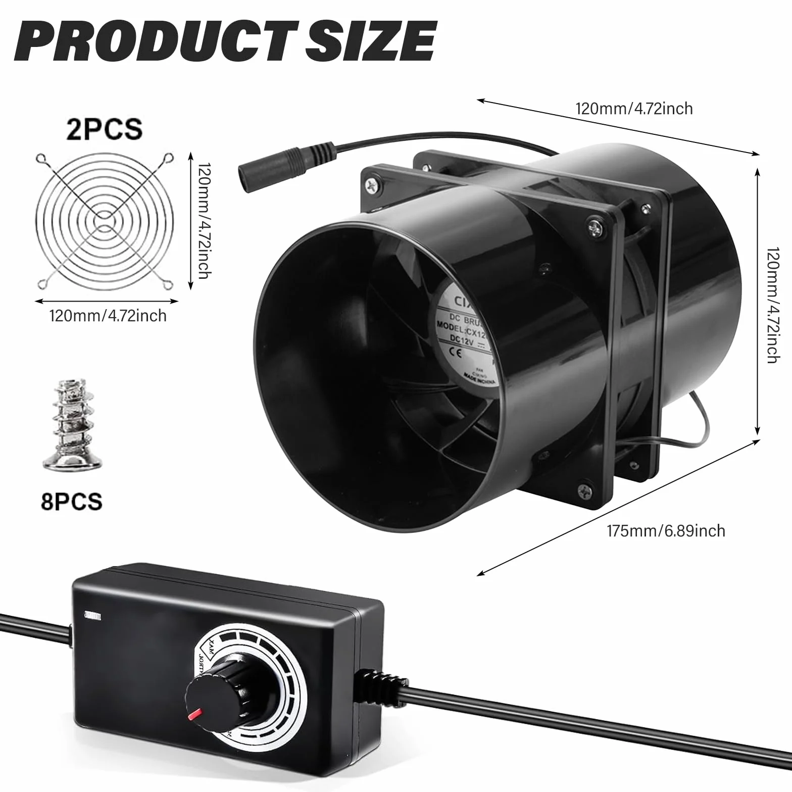 Wentylator rurowy DC 12 V 100 mm, wentylator rurowy z regulatorem prędkości, 6000 obr./min, do kuchni, WC, szklarni, garażu, cyrkulacji powietrza