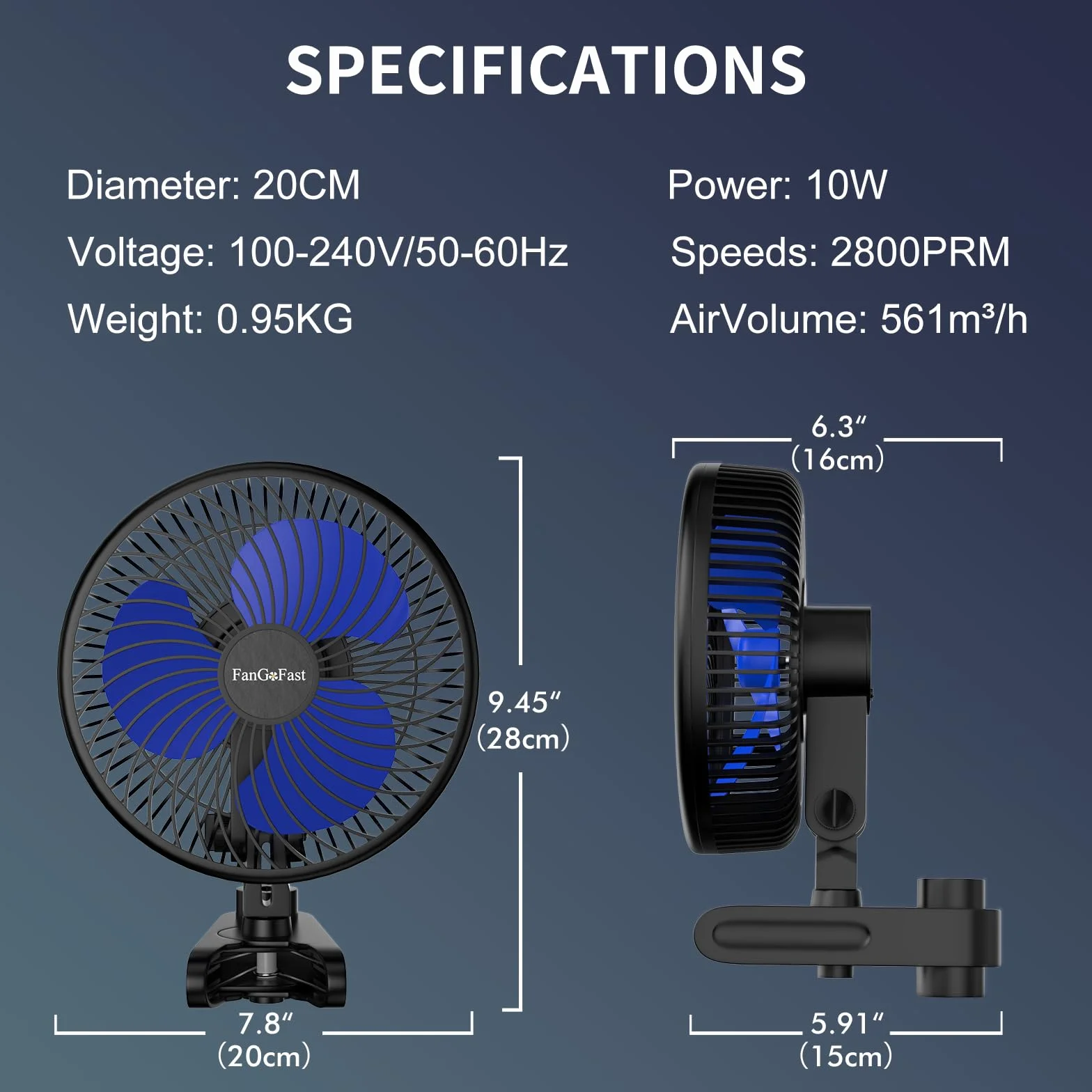FanGoFast Wentylator Grow z silnikiem EC z klipsem, 10 stopni prędkości, wentylator do uprawy roślin, z zaciskiem do namiotu, średnica 20 cm, 10 W, 561 m³/h, strumień powietrza 32 dBA, idealny