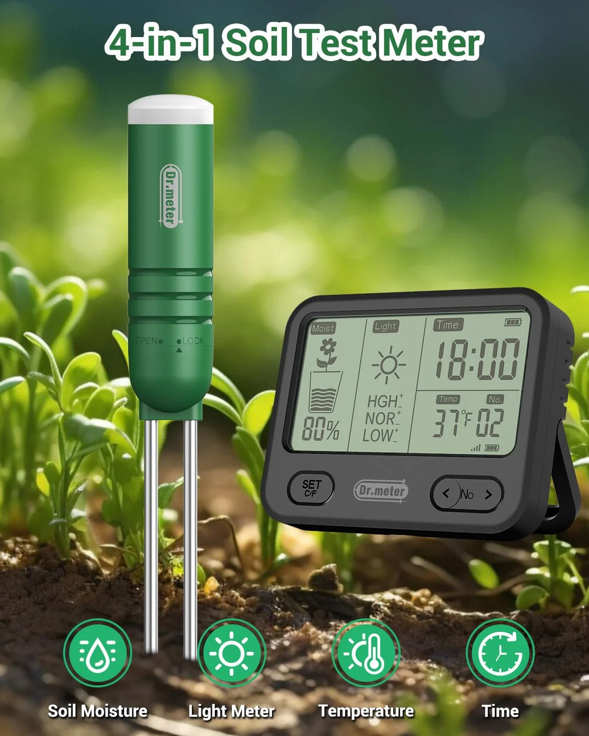 Dr.meter Tester wilgotności roślin, 4 w 1, higrometr roślin, tester gleby, temperatury/światła, czasu z wyświetlaczem LCD, do ogrodu, gospodarstwa, roślin trawowych wewnątrz i na zewnątrz (bateria nie