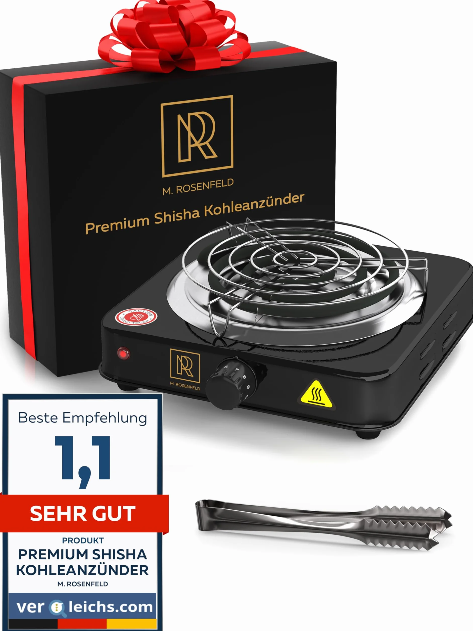 M. ROSENFELD zapalniczka na węgiel do sziszy - elektryczna zapalniczka na węgiel szisza 1000W + zestaw akcesoriów do sziszy siatka na węgiel ze stali nierdzewnej i szczypce na węgiel drzewny