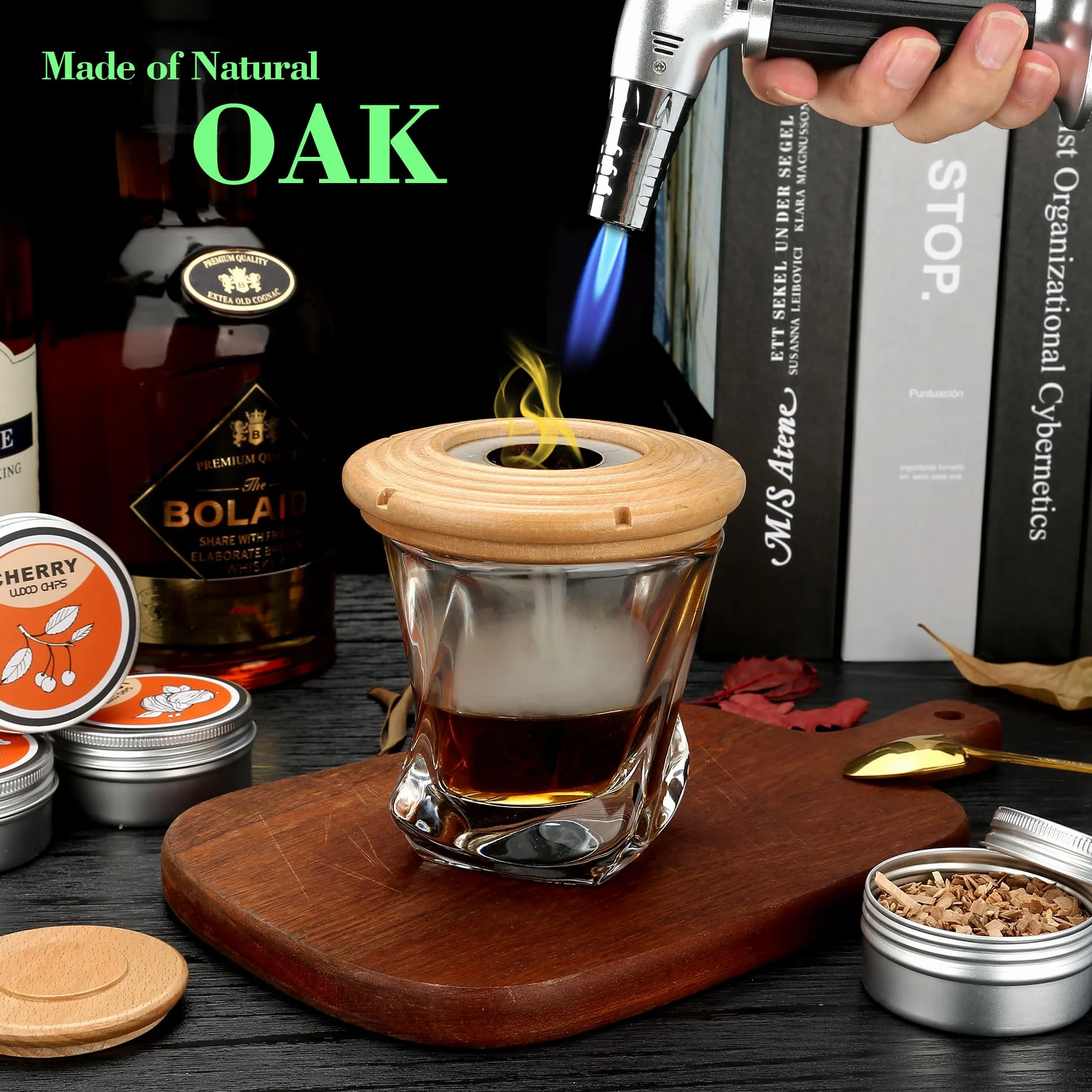 Zestaw Do Palenia Koktajli i Whisky Z Pochodnią - Staromodny Z Kamieniami, Prezent Dla Mężczyzny, Męża, Taty (Bez Butanu) - Buk