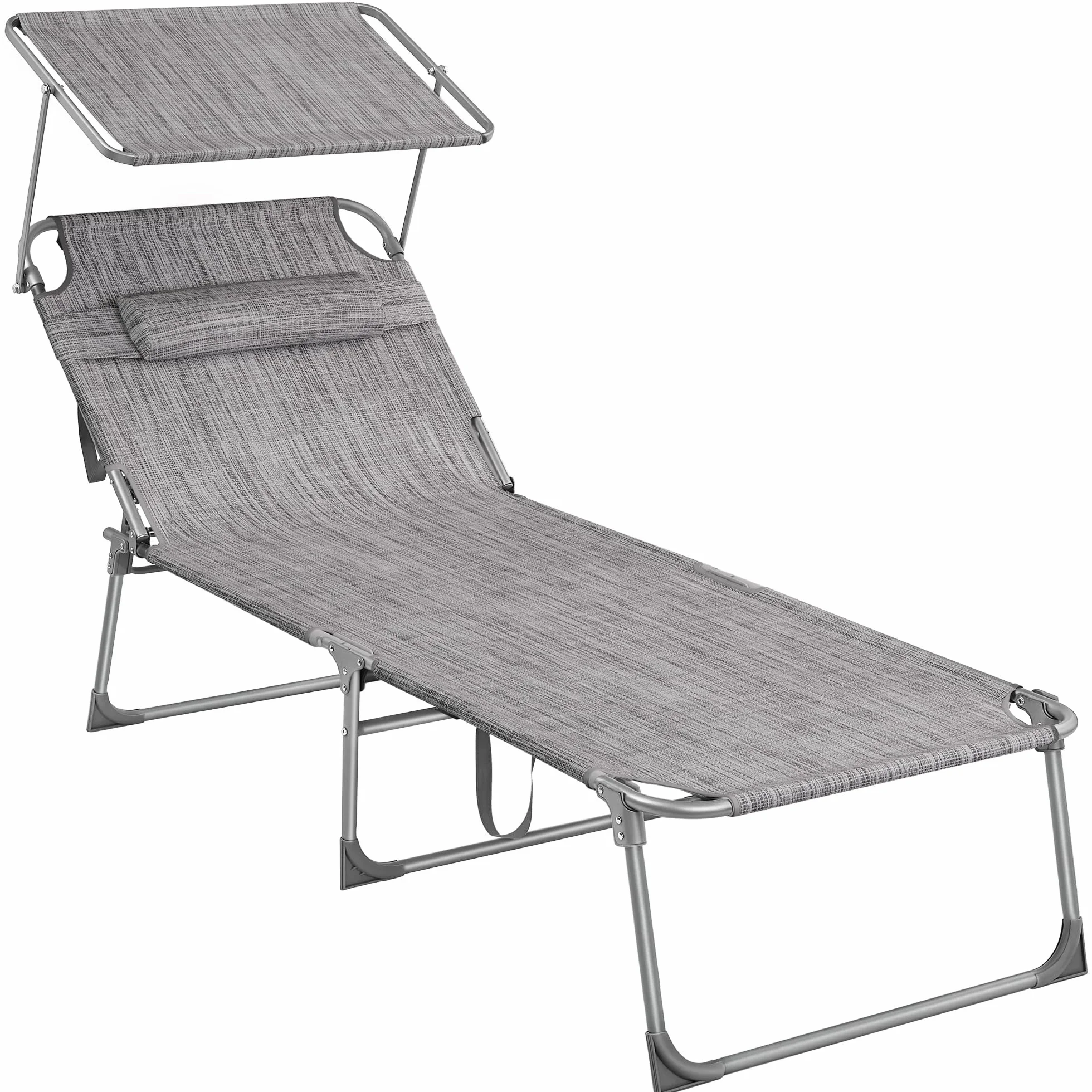 SONGMICS Duży leżak do opalania, składany leżak 71 x 200 x 38 cm, obciążenie 150 kg, z ochroną przed słońcem, zagłówkiem i regulowanym oparciem, do ogrodu, na basen, taras, Greige GCB022G01