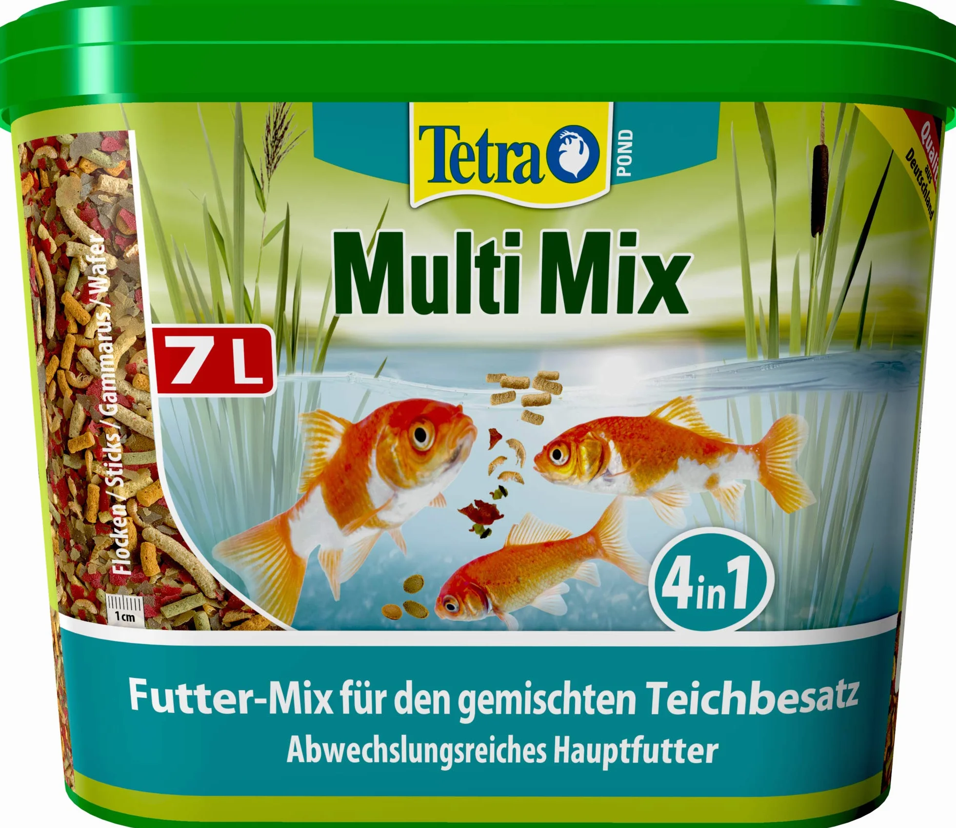 Tetra Pond Multi Mix – karma dla ryb do mieszanych stawów, zawiera cztery różne rodzaje karmy (karma dla płatków, pałeczki do karmy, gammarus, wafer), 7 litrów