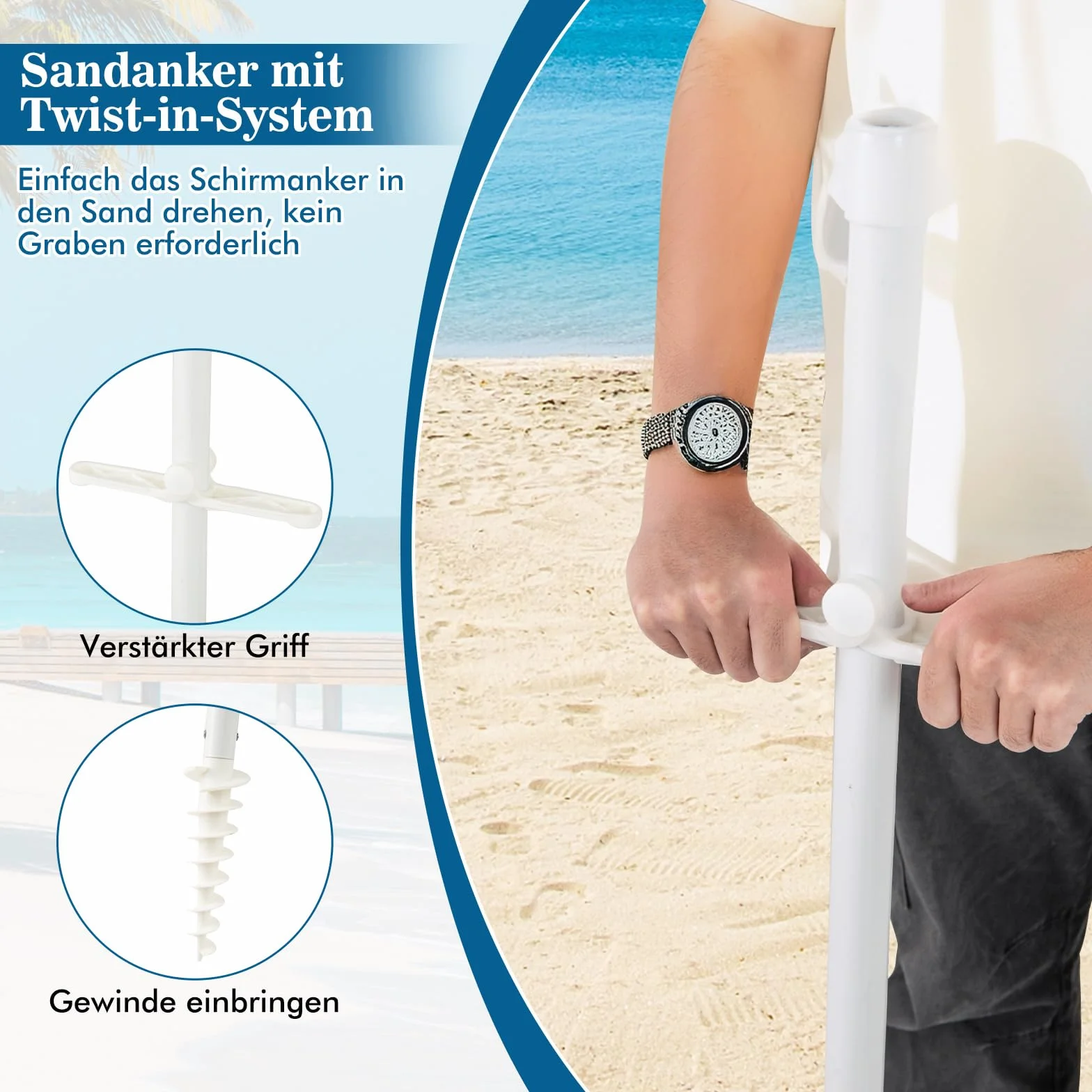 COSTWAY Parasol przeciwsłoneczny, 182 cm, odporny na wiatr, stabilny, UPF 50+, możliwość zginania w zakresie 30°, ochrona przed słońcem z ostrzem do wbijania w ziemię i torbą do przenoszenia, parasol