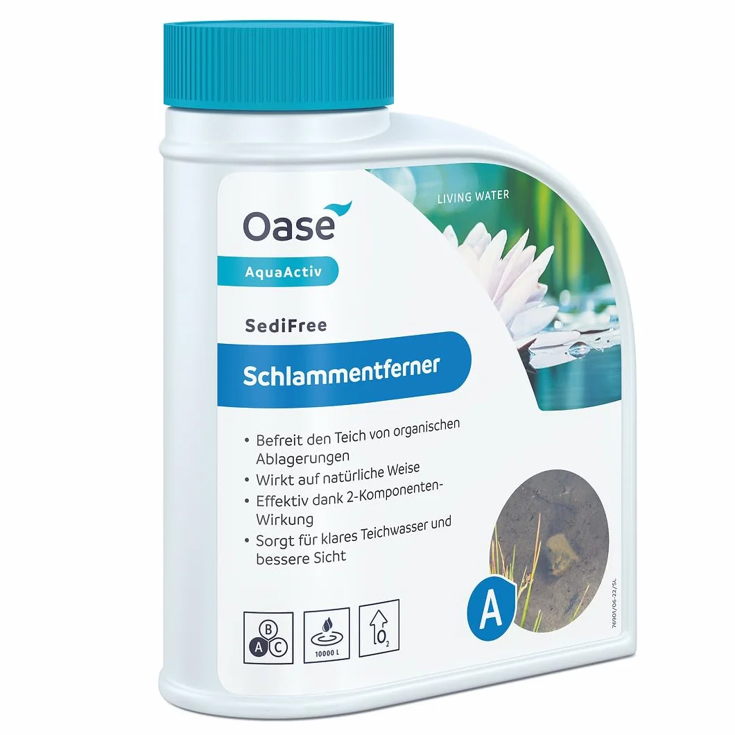 OASE 43143 AquaActiv SediFree środek do usuwania szlamu 500 ml – szybka i biologiczna pielęgnacja stawu z tlenem i bakteriami, usuwa błoto z stawu wodnego, oczka wodnego, stawu ogrodowego, koitoczka z ryby.