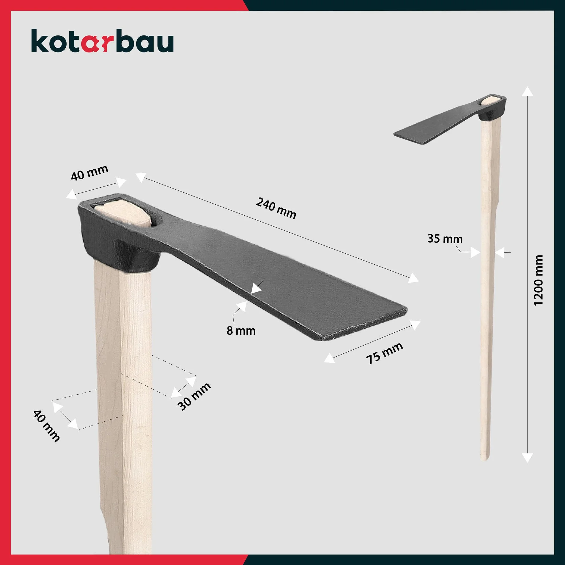 KOTARBAU® Motyka ogrodowa 23 cm z trzonkiem 120 cm drewniana do chwastów
