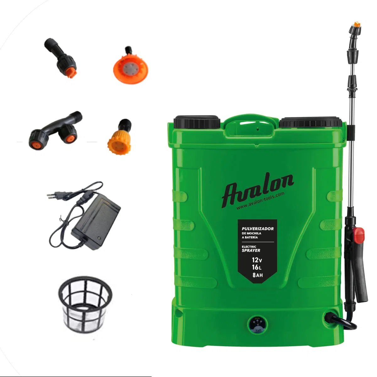 Avalon - Opryskiwacz plecakowy elektryczny 16 L, regulowane ciśnienie 0-6,2 bar, 8 dysz, 2 lancy, akumulator 12 V 8 Ah