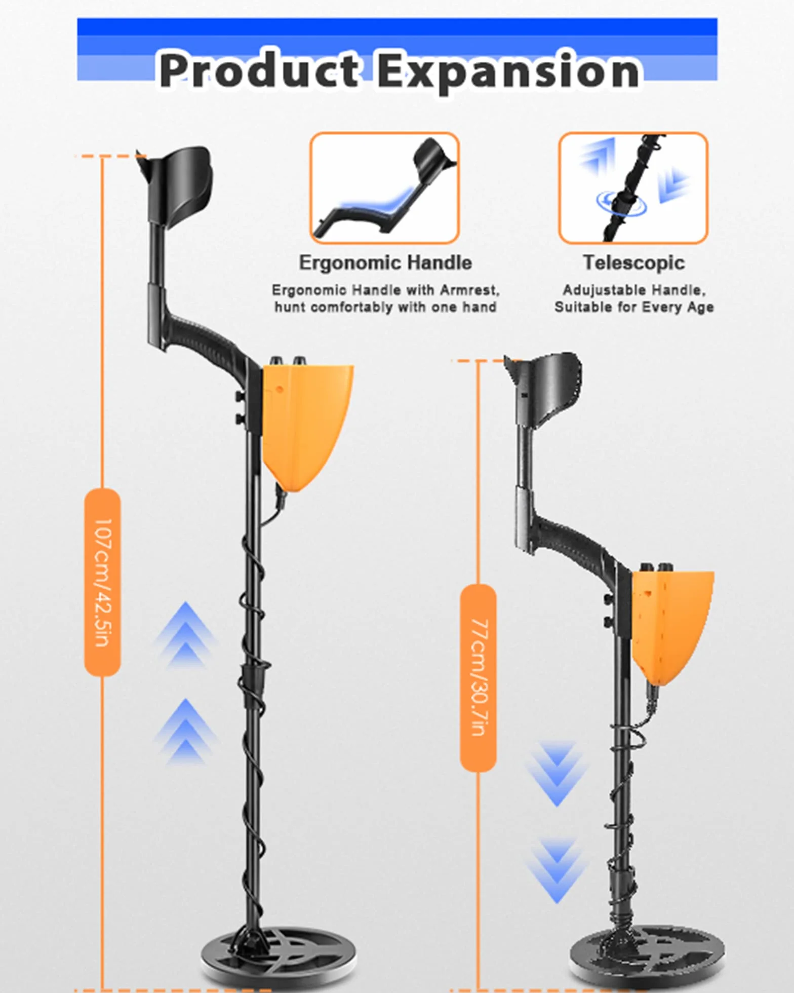 Wodoodporny wykrywacz metali 2 funty, regulowana wysokość 78-108 cm, cewka 25 cm, głębokość 20 cm