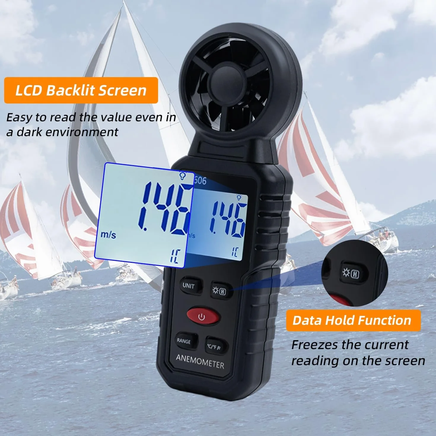 Mcbazel 3 w 1 Cyfrowy Anemometr z wyświetlaczem LCD, miernik prędkości wiatru Termometr zewnętrzny