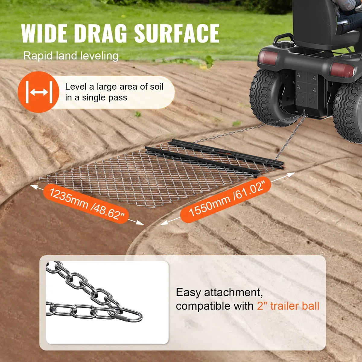 VEVOR Grabie Niwelator do trawy łańcuchowej ciągnionej 1550 x 1235 mm, stalowy niwelator gruntu Q235 pasek do ciągnięcia, poziomowanie krajobrazu, przygotowanie trawnika, ciągnięty