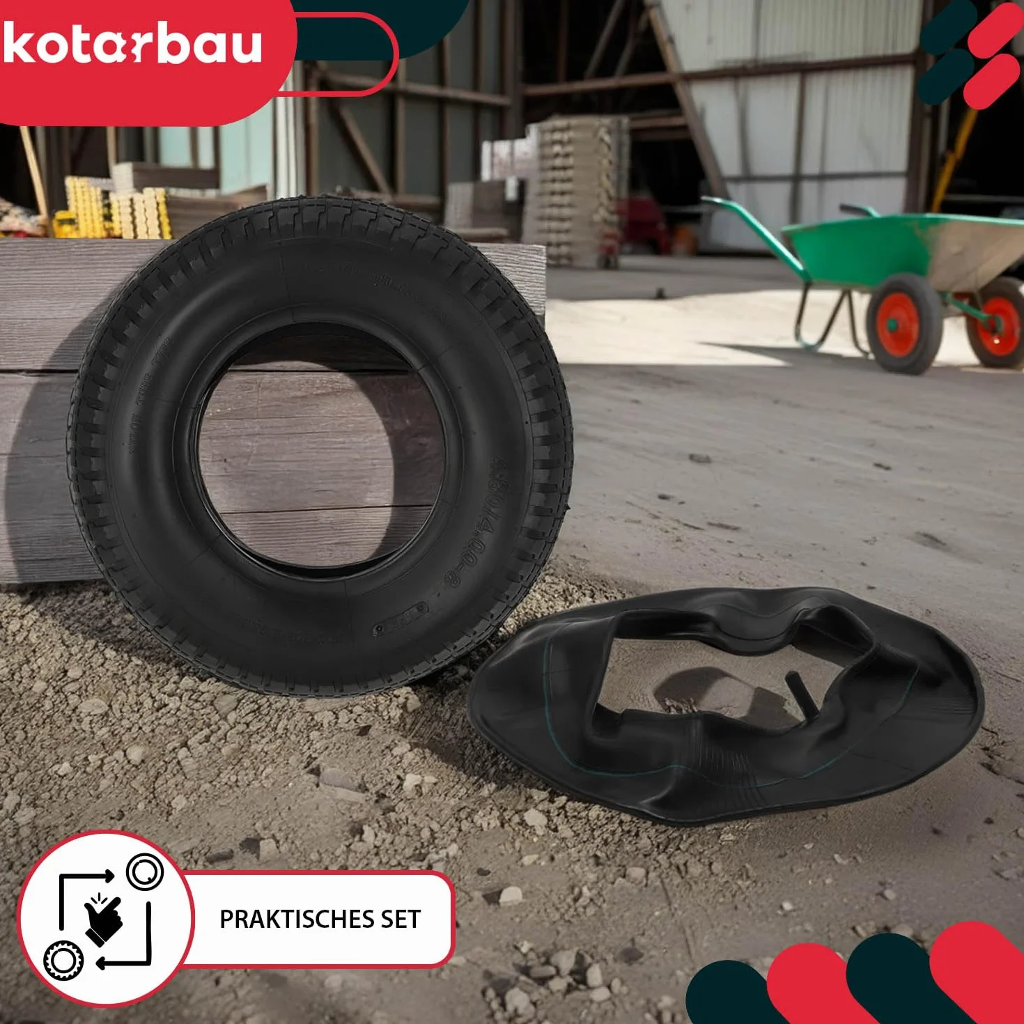 KOTARBAU® Opona z Dętką do Koła Taczki - Wózków - ⌀ 40 cm - Opona 6PR – Dętka Zamienna do Taczek – ⌀ 35 cm