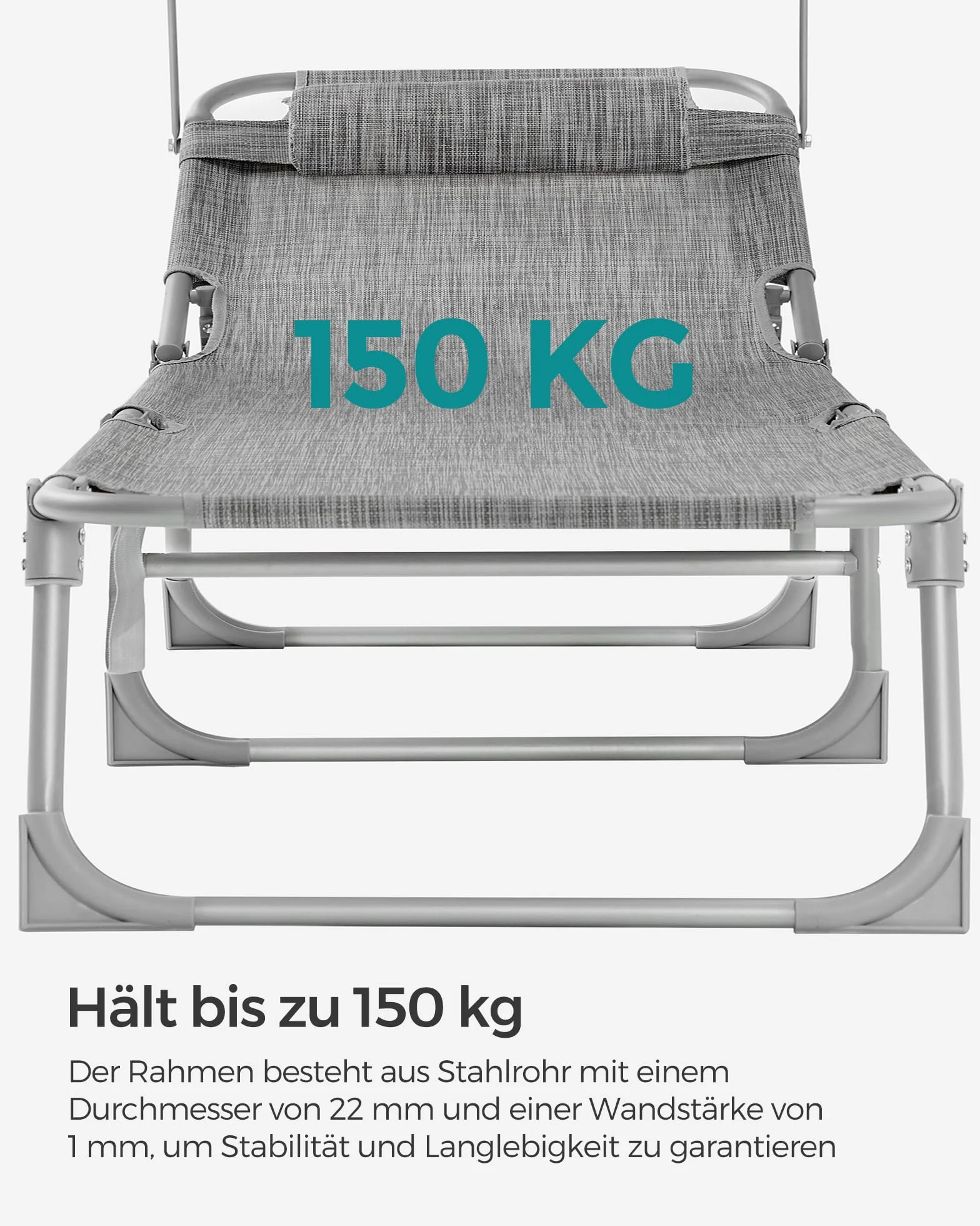 SONGMICS Duży leżak do opalania, składany leżak 71 x 200 x 38 cm, obciążenie 150 kg, z ochroną przed słońcem, zagłówkiem i regulowanym oparciem, do ogrodu, na basen, taras, Greige GCB022G01