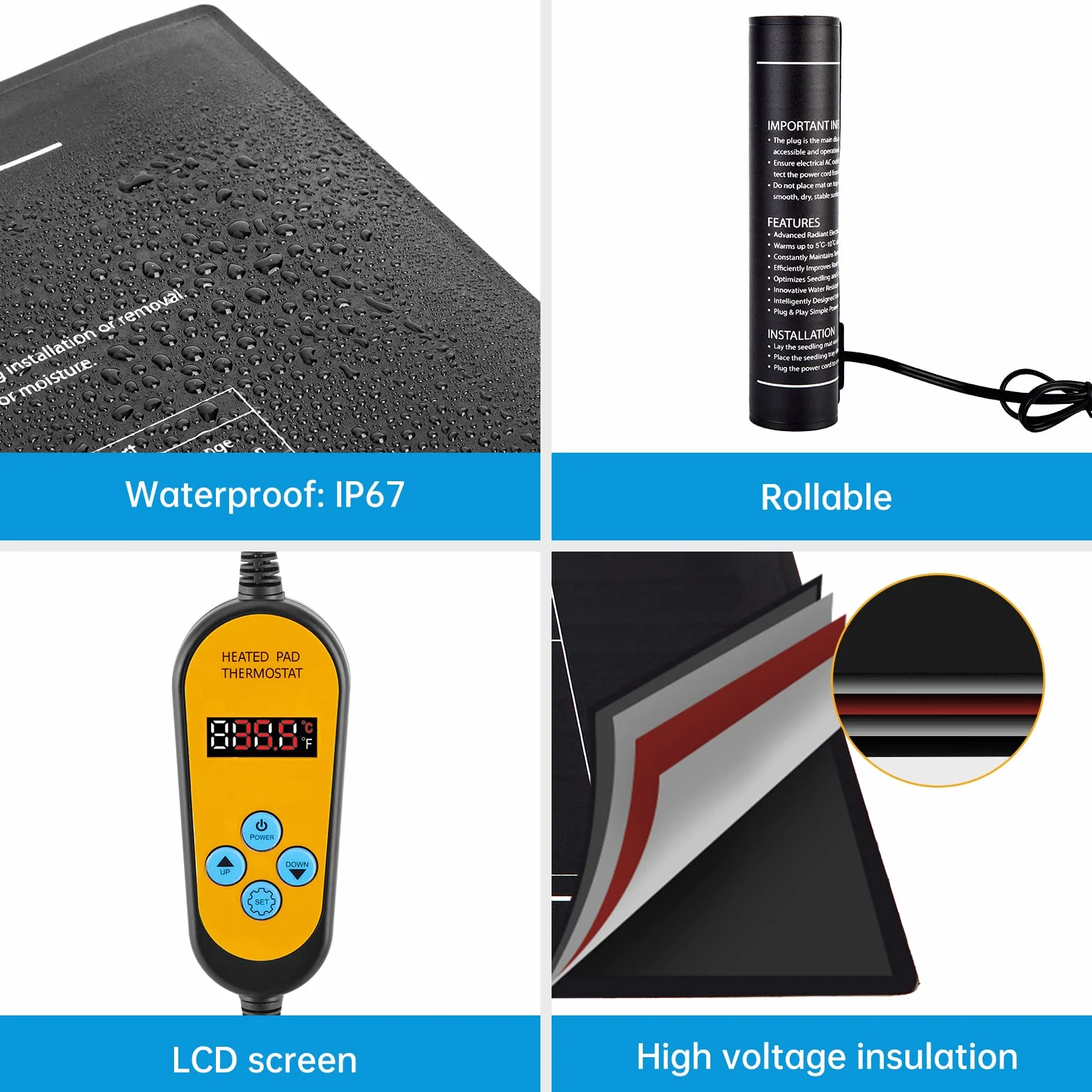 WADEO Mata grzewcza dla roślin 52 x 25 cm, mata grzewcza dla sadzonek z termostatem od 5°C do 45°C, wodoszczelna mata grzewcza do szklarni, mata grzewcza do kiełkowania sadzonek
