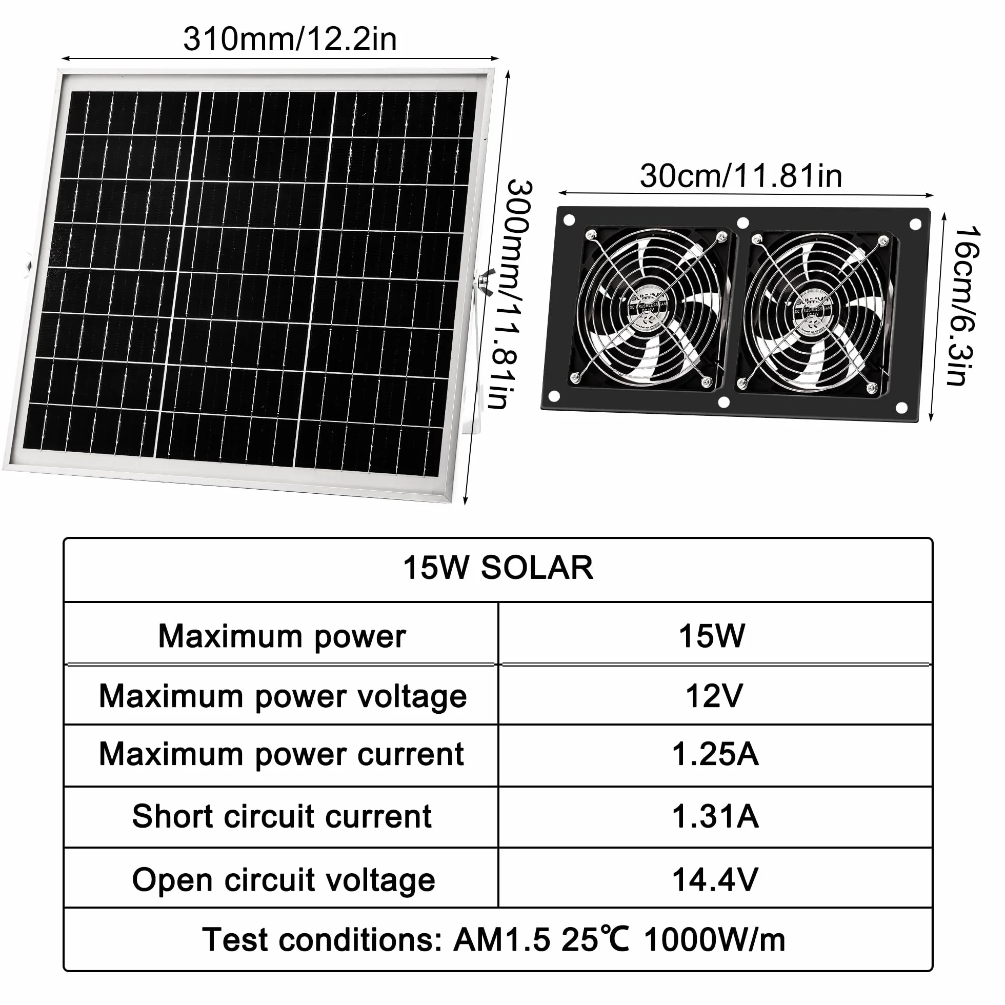 Joycabin Wentylator solarny, 15 W, moduł solarny, podwójny wentylator wydechowy, przenośny solarny wentylator wyciągowy do małych kurników, szklarni, domków dla zwierząt domowych, garażu, piwnicy