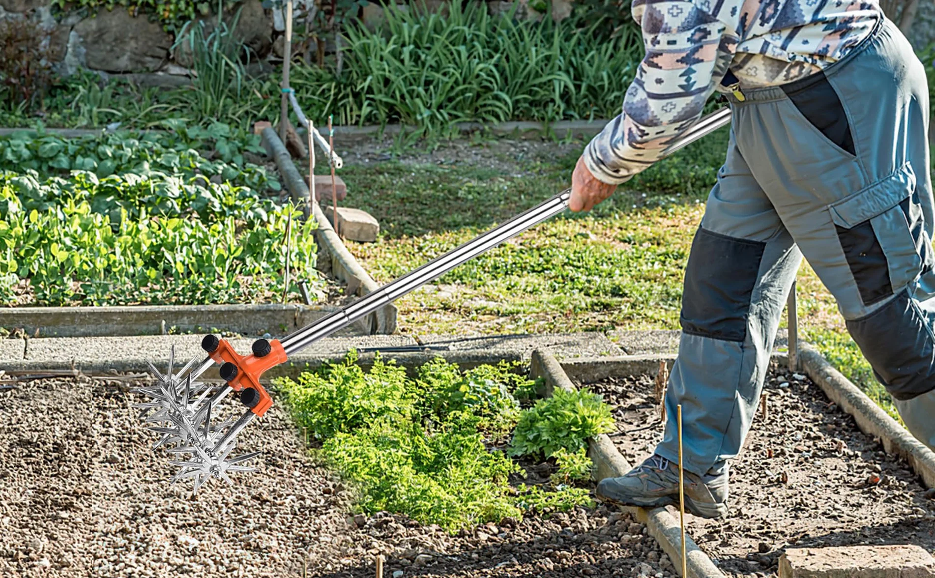 BARAYSTUS Rotary Cultivator Garden Rotary Tiller regulowany drążek ze stali nierdzewnej do mieszania gleby lub reseedingu trawy, całkowita długość 145 cm.