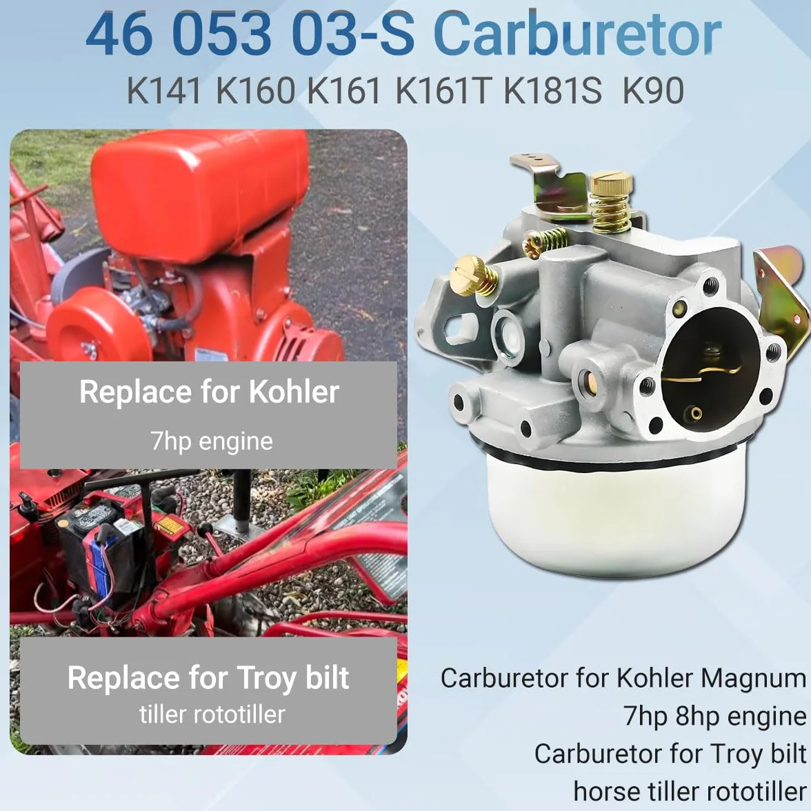 K181 Gaźnik do Kohler M8ST 301549 K141 K160 K161 K161T K181S K90 K91 7KM 8KM Silniki żeliwne, do Troy Bilt Horse Tiller Rototiller 46 853 01-S 46 053 03-S