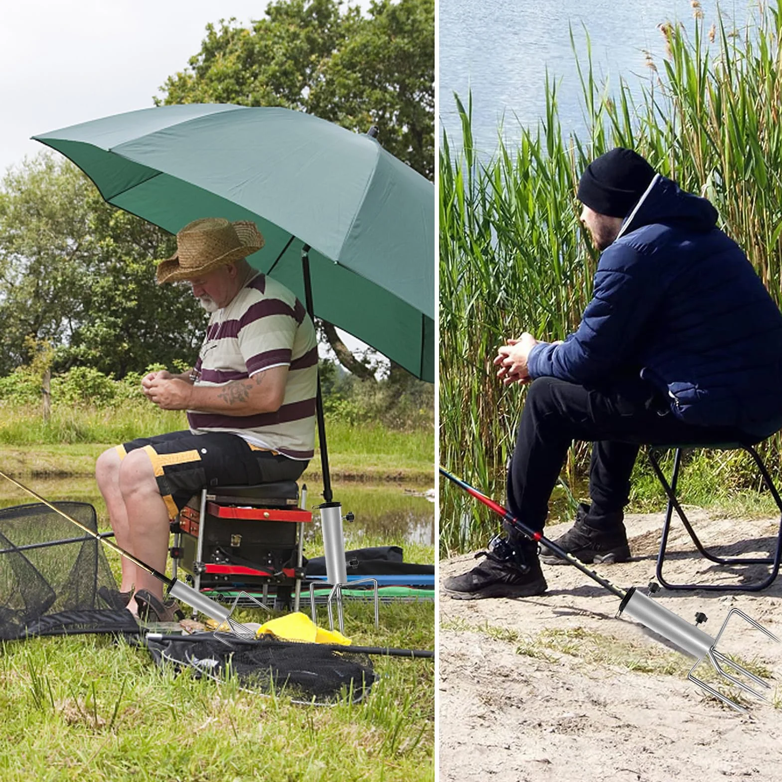 Stojak na parasol z kotwicą podłogową, słupek do parasola plażowego z 4 regulowanymi, zdejmowanymi słupkami, gniazdo uziemienia parasola ze stali nierdzewnej, do ogrodu wędkarstwo plaża trawnik