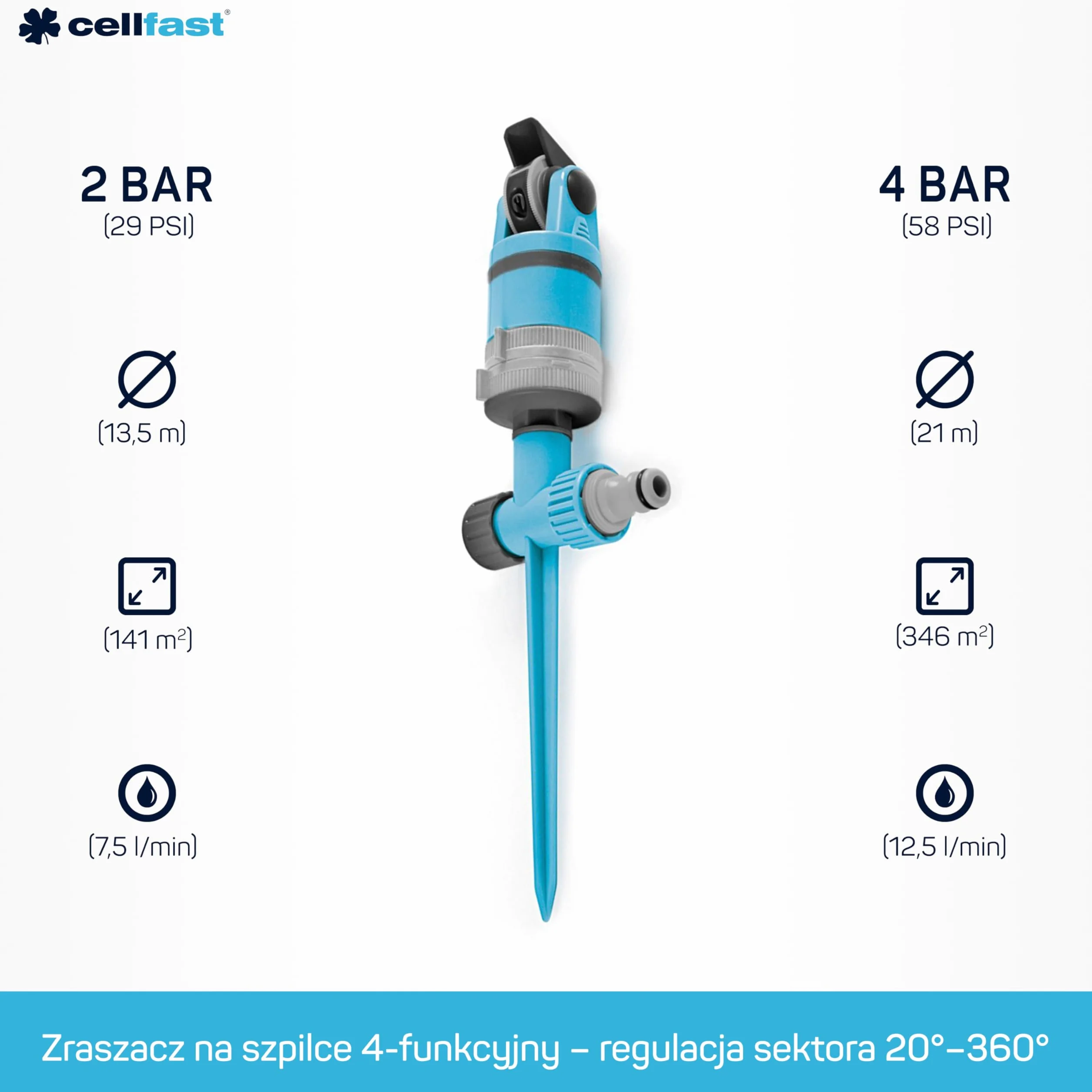 CELLFAST Zraszacz Sektorowy Zraszacz Ogrodowy Do Trawnika Kwiatów Roślin Stopniowa Regulacja Ustawienie Obszaru Zraszania Multi Ideal
