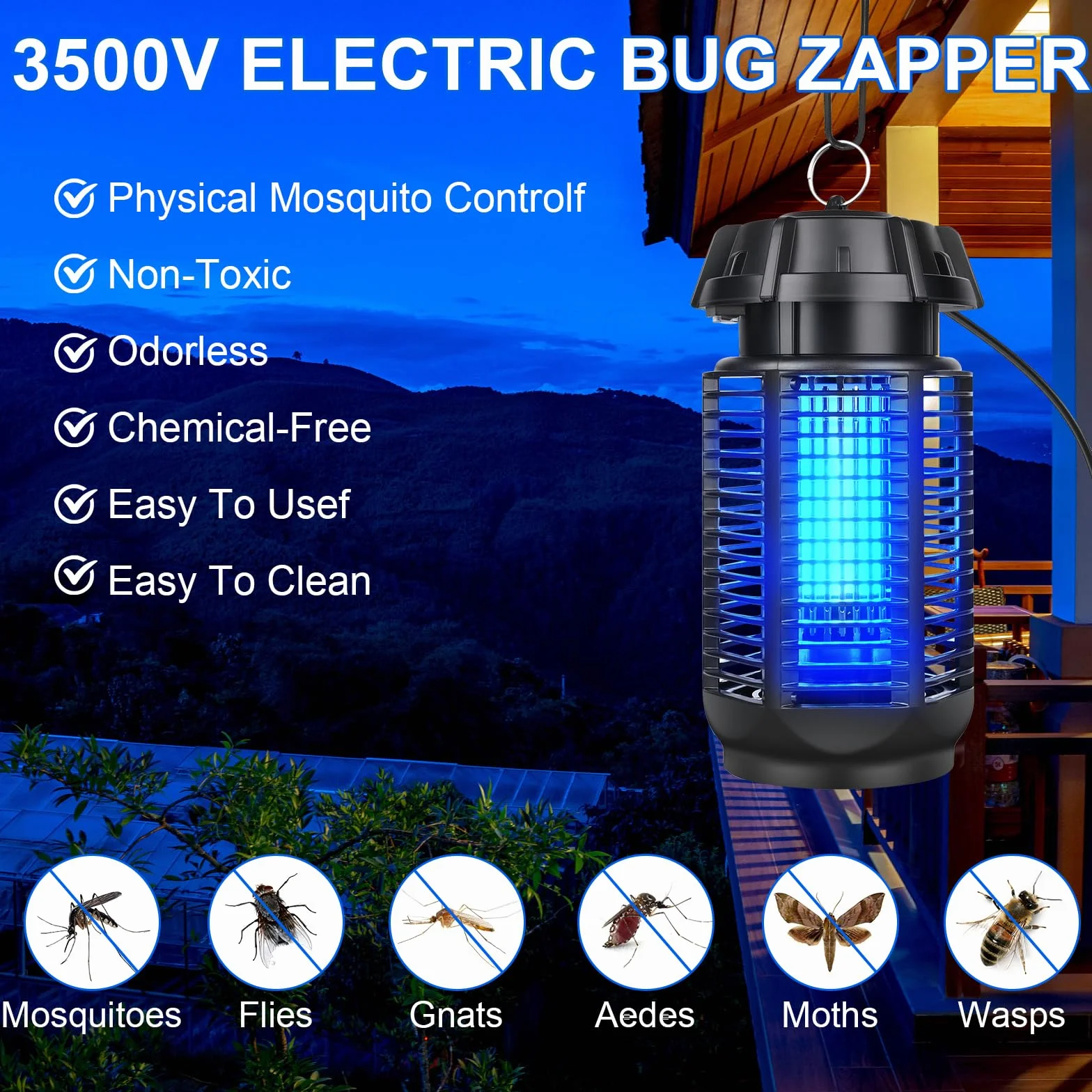 GuKKK Lampa przeciw komarom 20 W 3500 V UV Wodoodporna elektryczna zabójca owadów zasięg 80m²