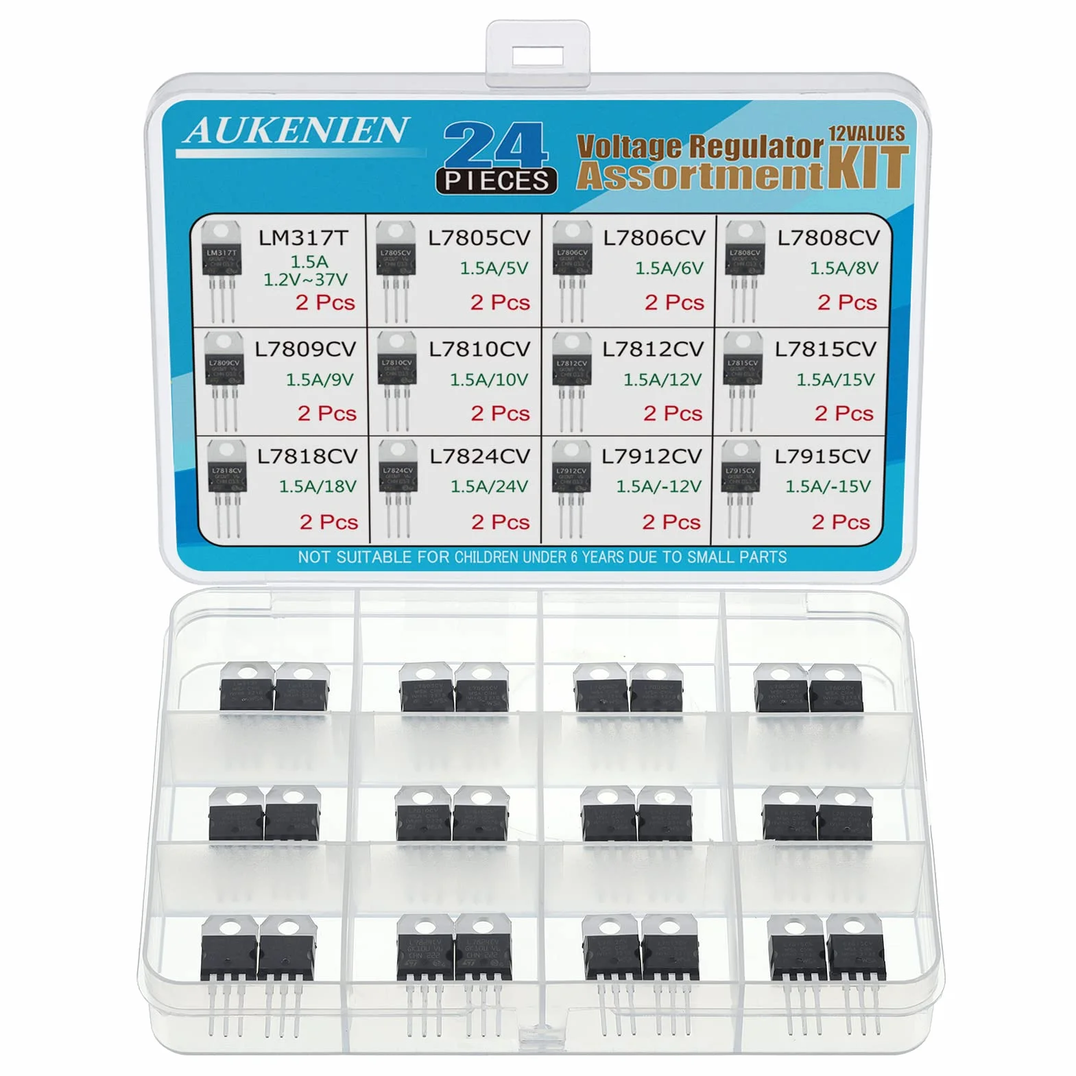 AUKENIEN 12Wartości 24sztuki L7805 LM317 L7806 L7808 L7809 L7810 L7812 L7815 L7818 L7824 L7912 L7915 Zestaw tranzystorów regulatora napięcia dodatniego ujemnego TO-220