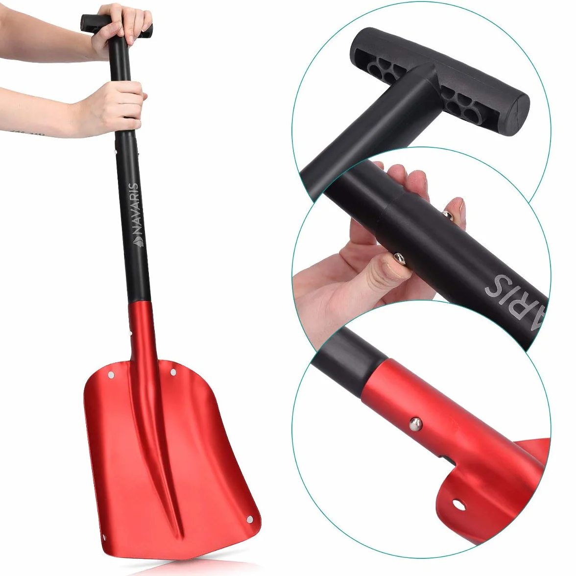 Navaris Łopata lawinowa z regulowanym uchwytem – długość maks. 80 cm – składana, do transportu w samochodach osobowych i ciężarowych, z torbą, aluminiowa szufla do śniegu, czerwona, czarna