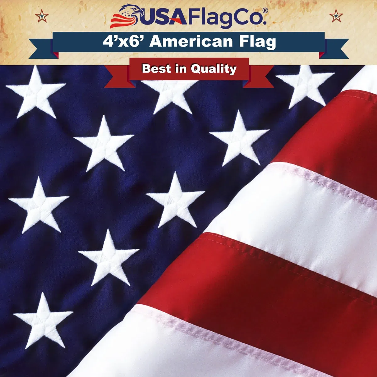 Amerykańska flaga flaga Co., wyprodukowano w USA, haftowane gwiazdy i paski szyte w USA, rozmiar US 4 x 1,5 m, nylon, 4 od 6 stóp
