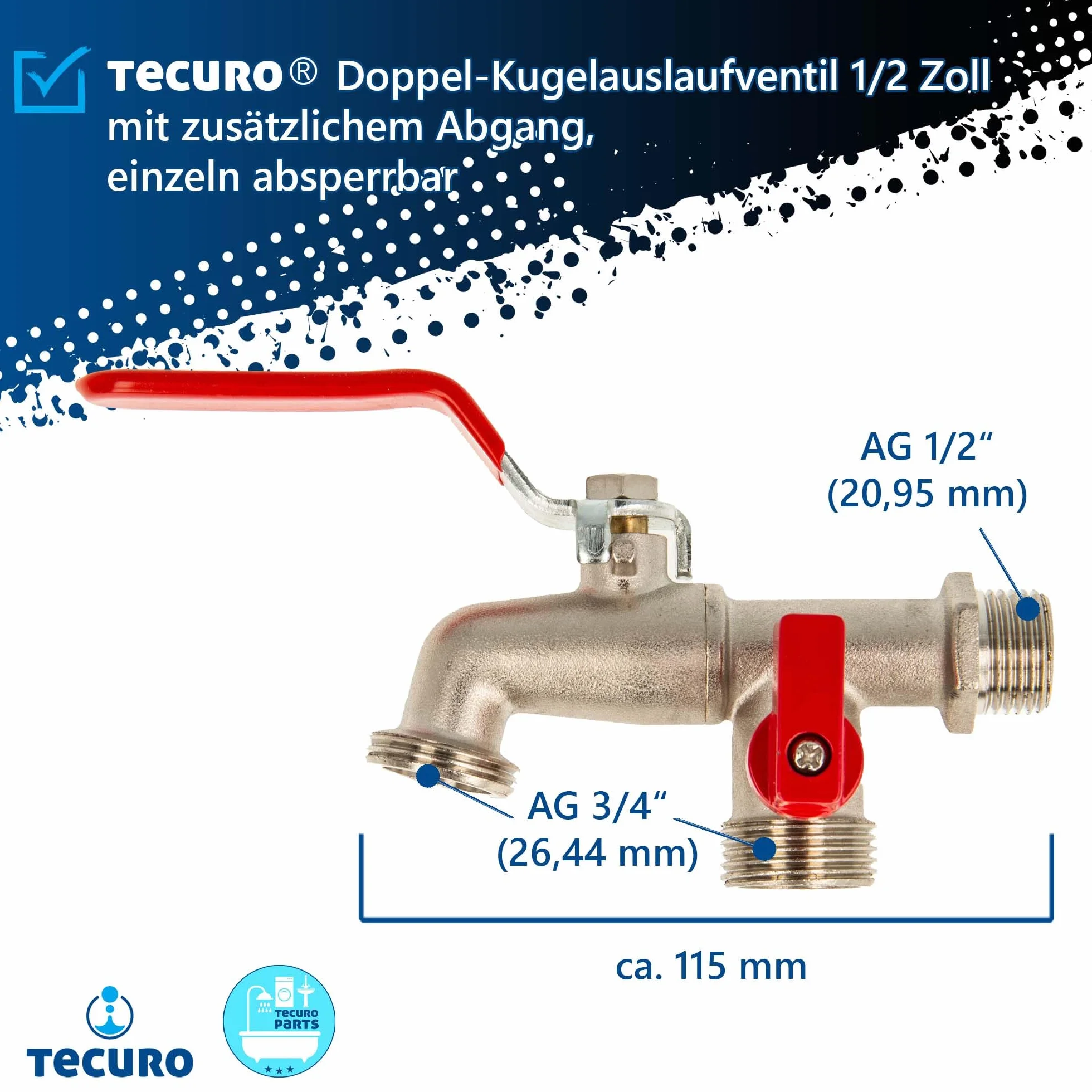 Tecuro 22615 Podwójny Zawór Kulowy Z Dodatkowym Odpływem, Mosiądz, Wylot Tylny 3/4"