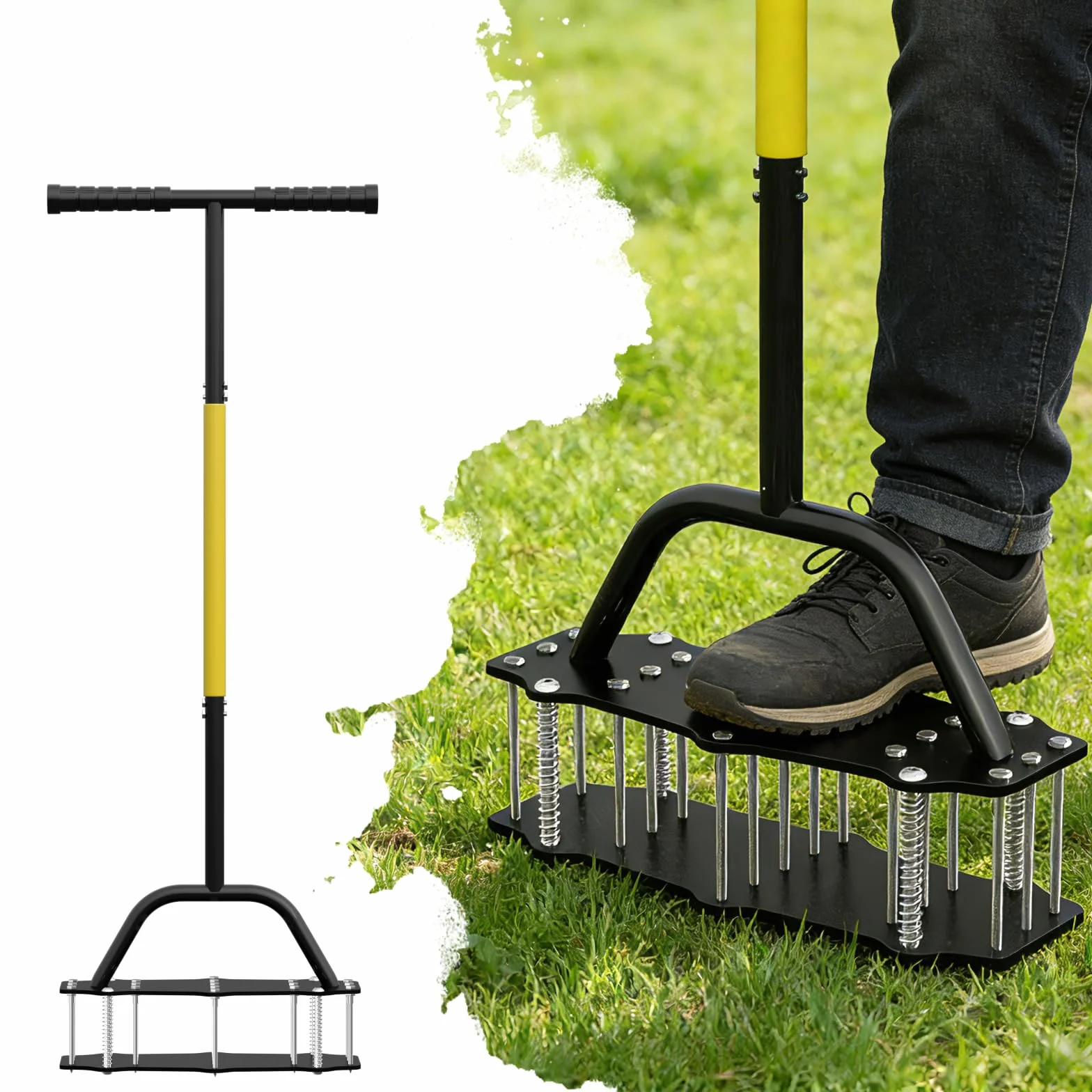 Aerator do trawników z 16 zębami, ręczny aerator do trawników z automatycznym czyszczeniem. Do ubitej gleby na podwórkach – idealny do pielęgnacji trawników w ogrodach i na podwórkach (100x30x12cm)