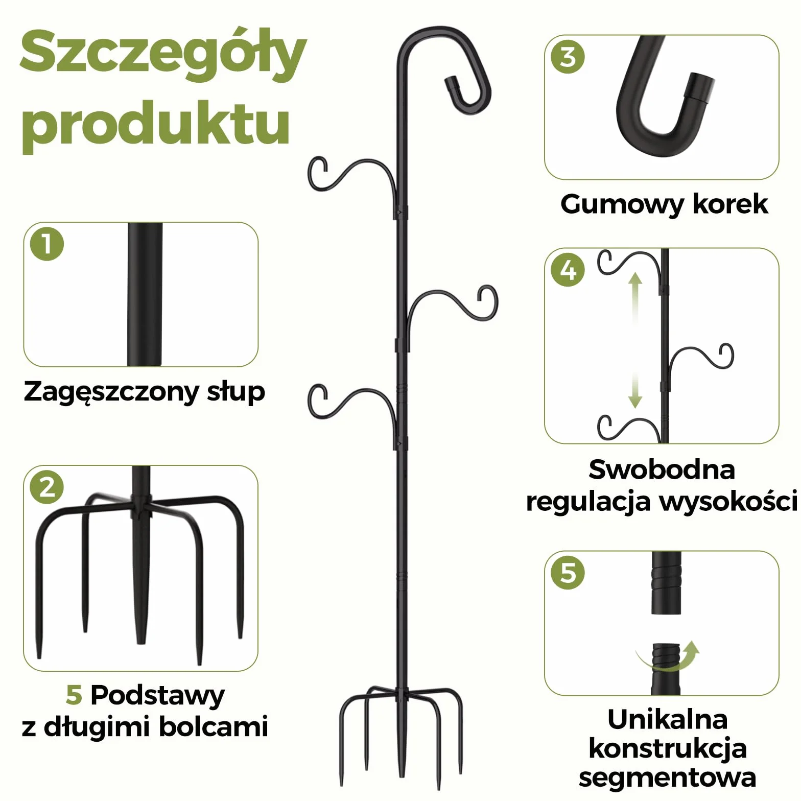 Bamworld Shepherds Crook, haczyki ogrodowe, 155 cm, akcesoria ogrodowe, regulowana wysokość, karmnik dla ptaków, wiszący drążek z 5 bolcami, wytrzymały metalowy stojak na latarnie, kosze na rośliny i