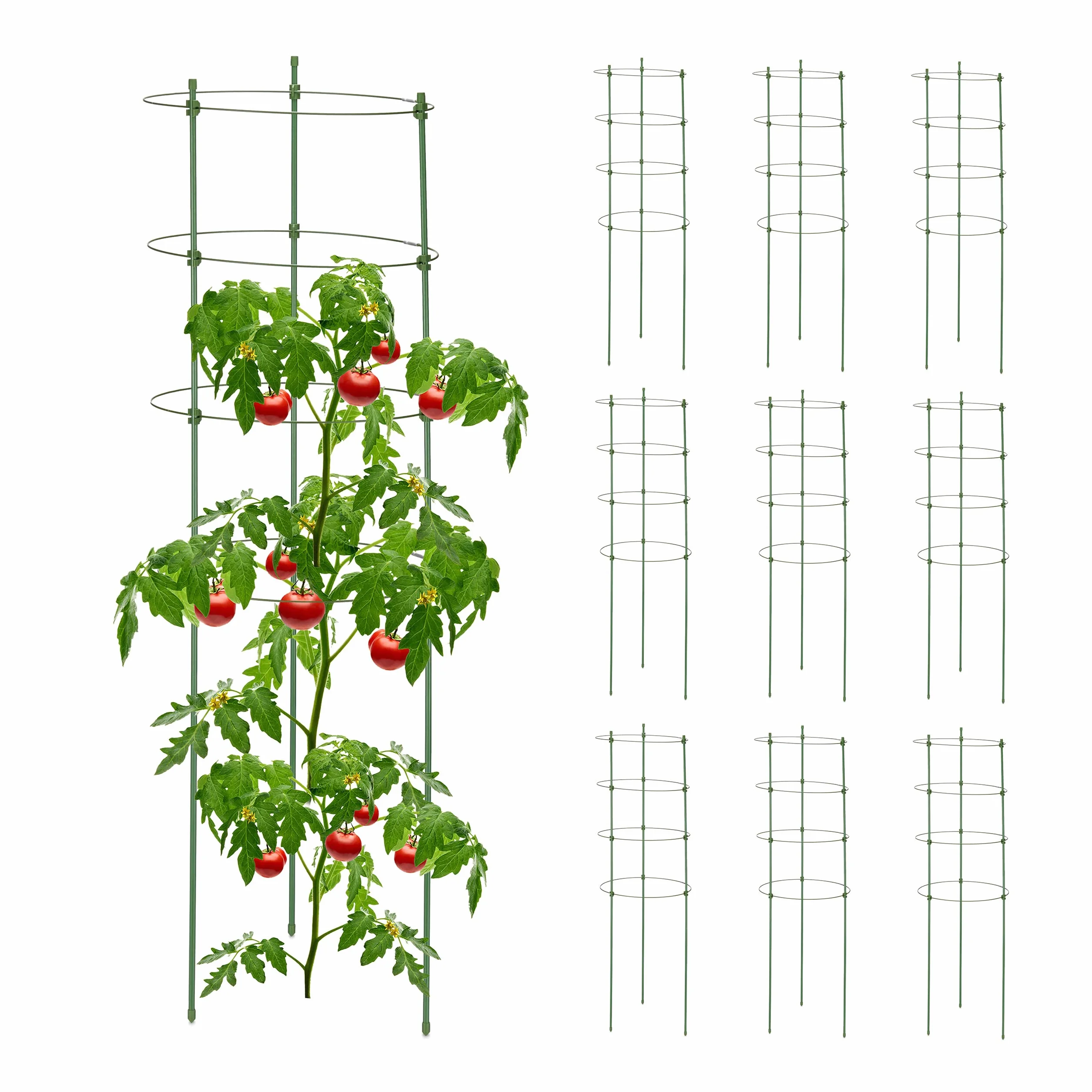 Relaxdays Podpora dla roślin pnących, zestaw 10 sztuk, metal i tworzywo sztuczne, wysokość 90 cm, 4 regulowane pierścienie, podpora dla roślin pnących, kolor zielony