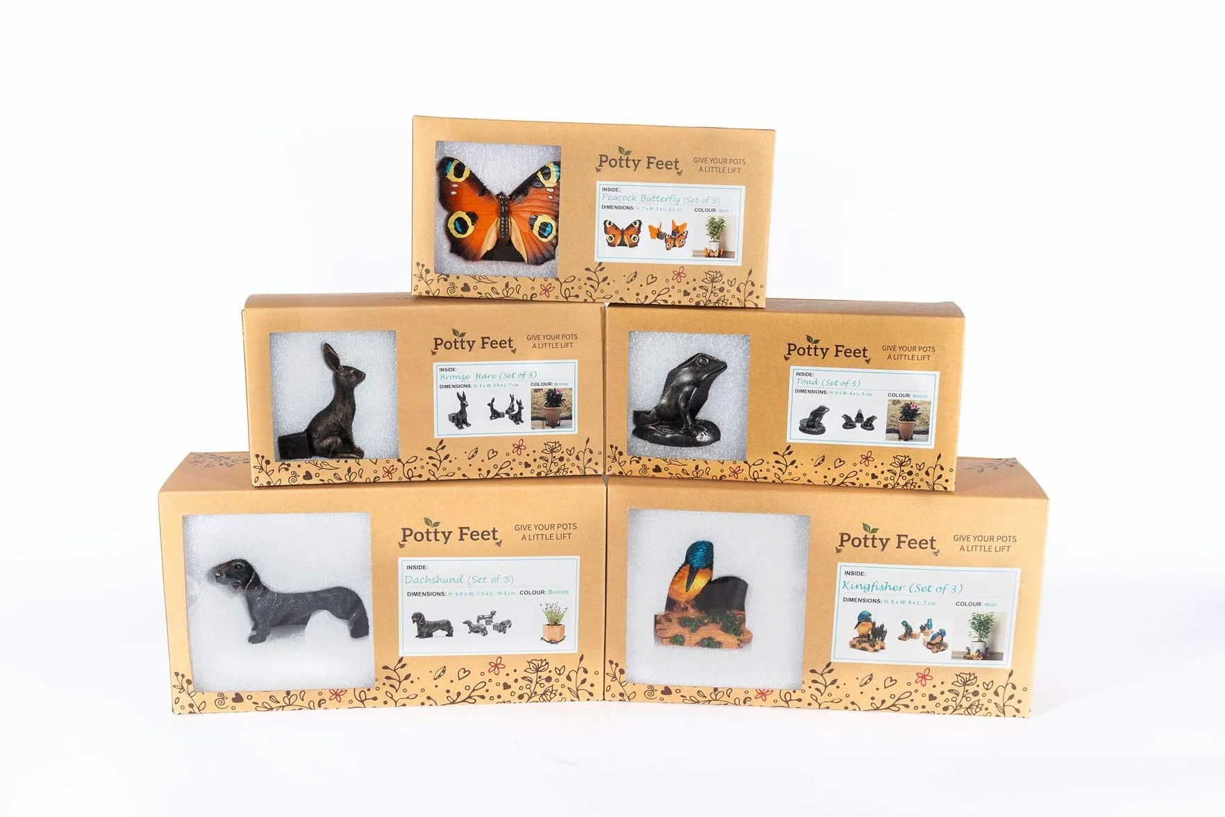 Potty Feet Figurki mopsa na doniczki - podpórka do roślin - ręcznie robione dekoracje - 3 szt