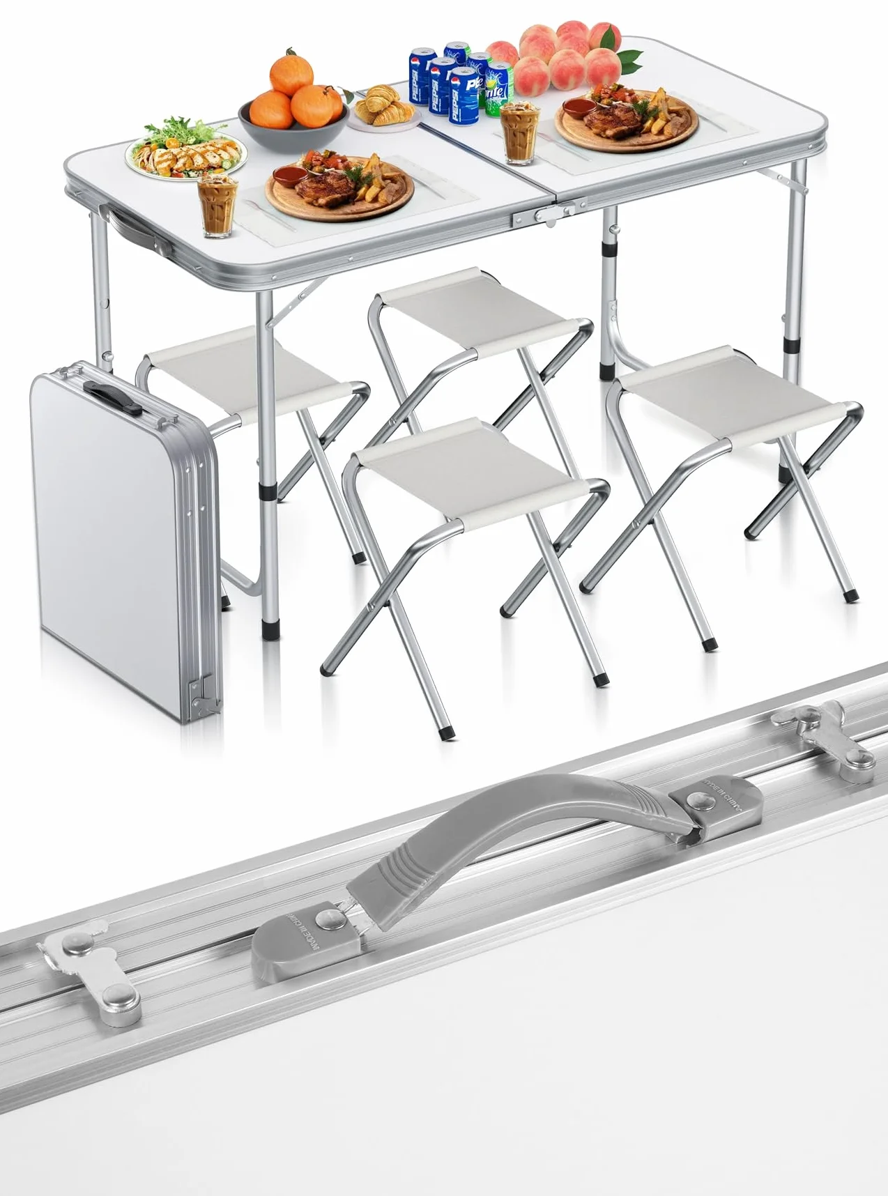 MalTec Stół kempingowy, składany stół w walizce, 120 x 60 x 70 / 60 / 54, 4 krzesła, aluminium, 3 stopnie regulacji wysokości, biały
