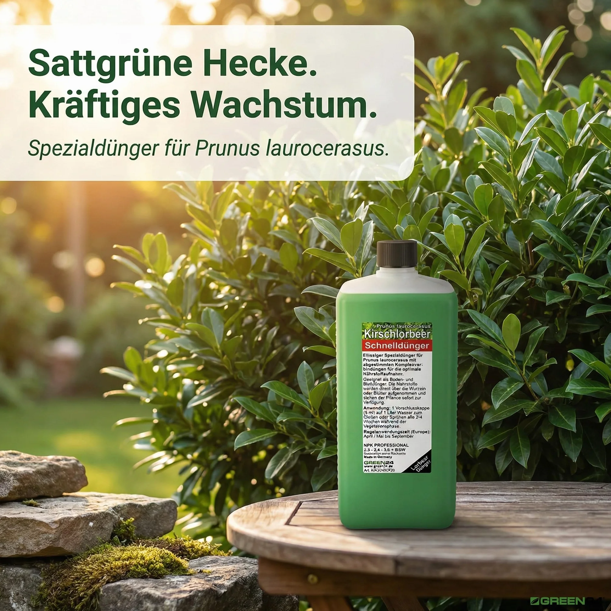 GREEN24 HIGHTECH nawóz do laurowego wiśniowego, profesjonalna linia 1 l, do nawożenia wielu roślin Prunus laurocerasus, Hightech płynny nawóz do żywopłotów laurowych i donic