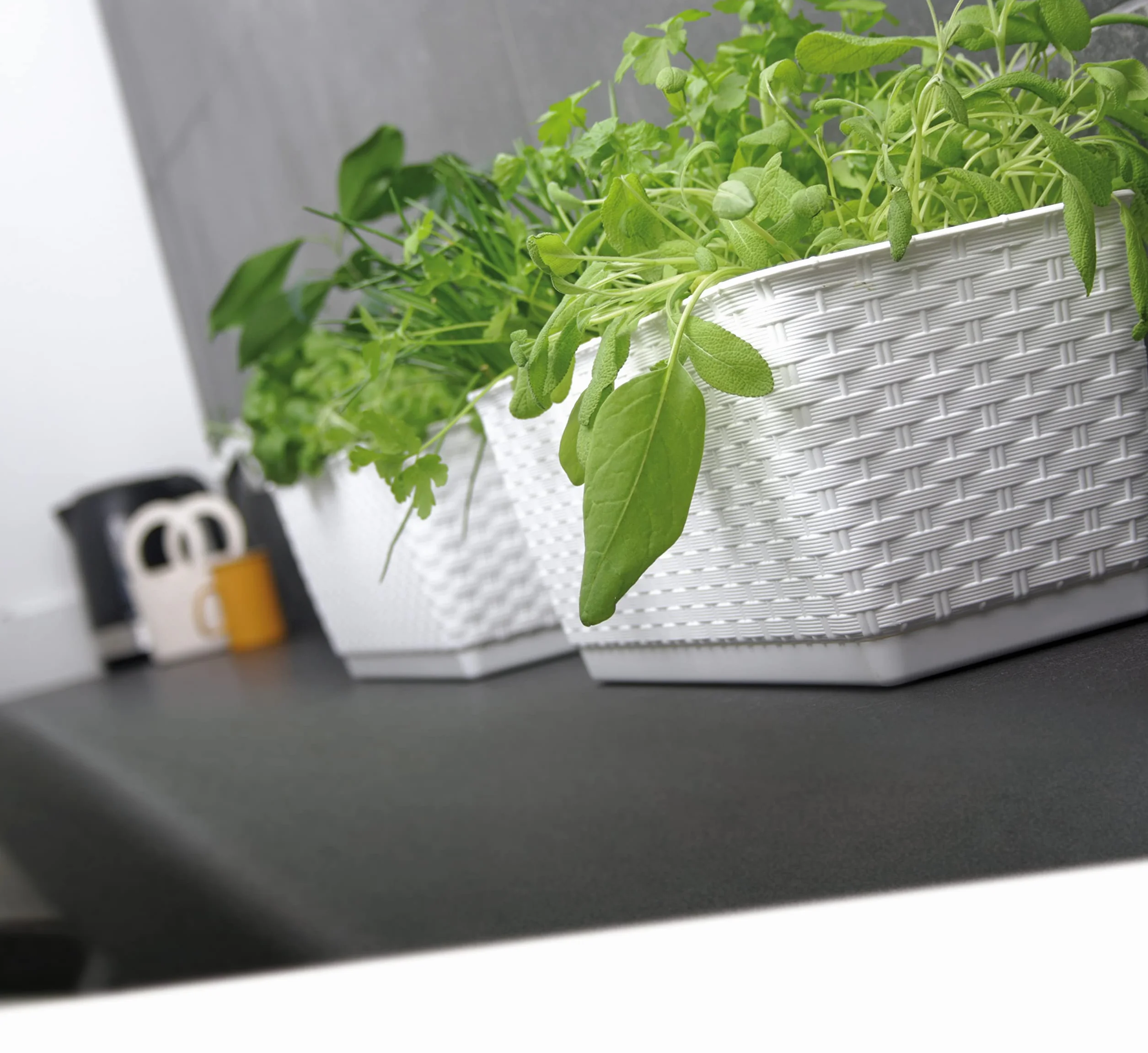 Tymar Skrzynki na kwiaty na balkon, balustrada, 2 sztuki, wygląd rattanu, w zestawie system nawadniania (2 sztuki) brązowe; 60 cm)