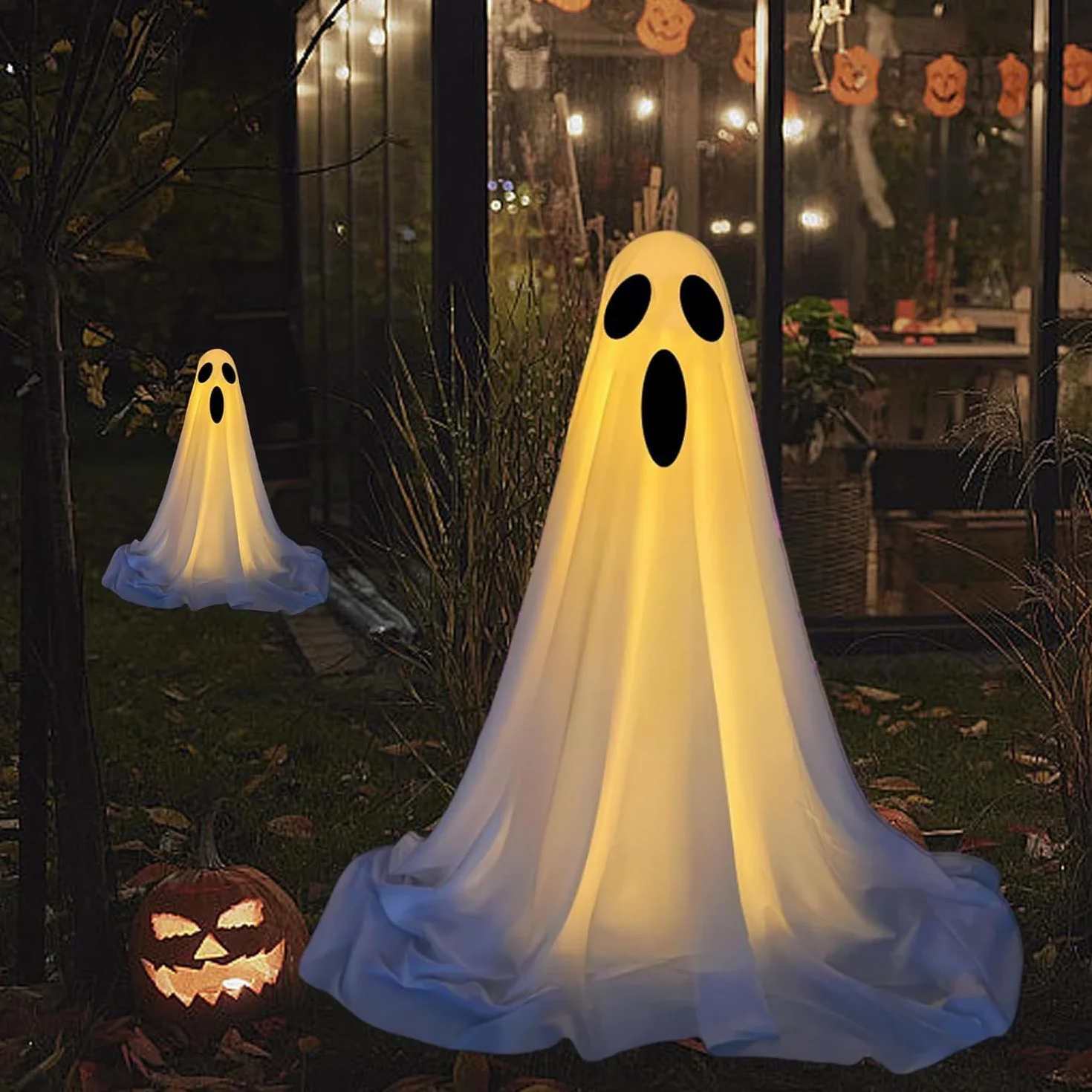 dekoracja na Halloween, stojący duch ze światłami, 165 cm, podświetlane, białe duchy dla podwórek, werandy, trawników, domów, imprez, Spooky Ghosts
