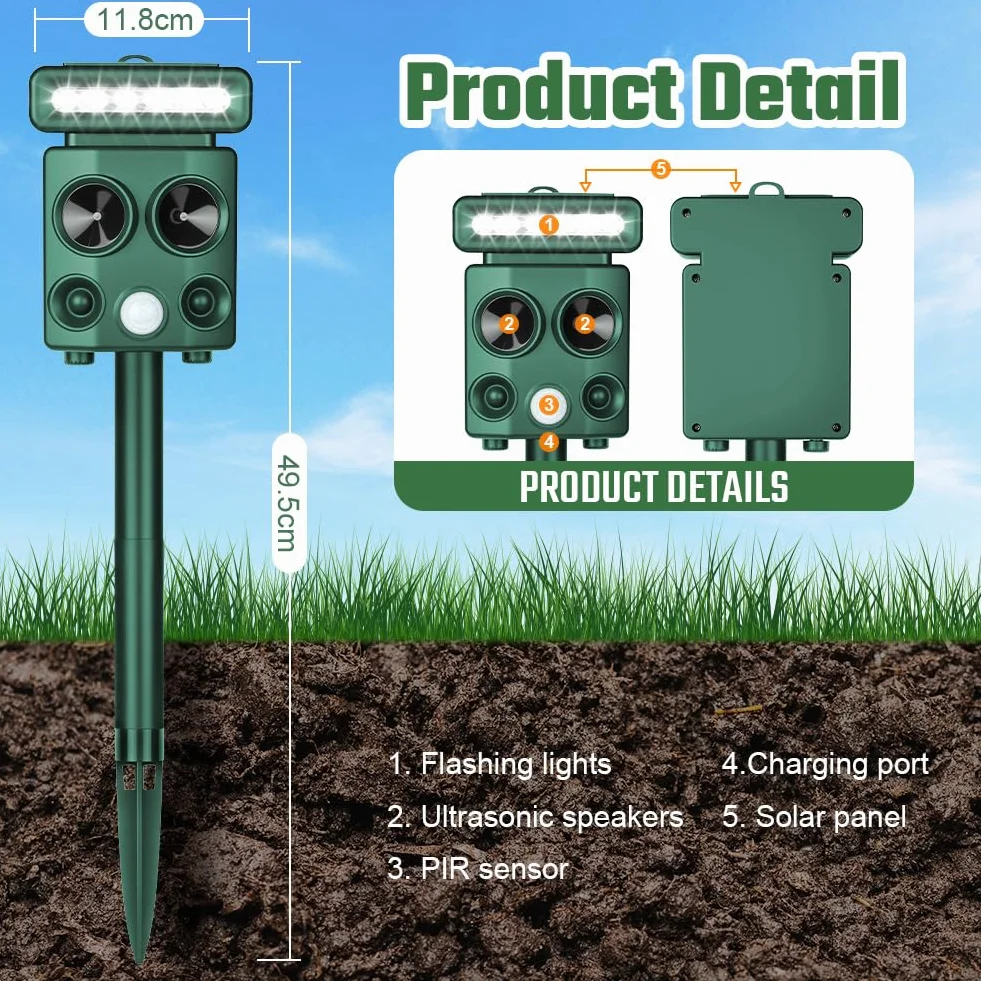 AOOWU Profesjonalny odstraszacz kotów, ultradźwiękowy odstraszacz zwierząt zasilany energią słoneczną, ultradźwiękowy odstraszacz gryzoni z lampą błyskową LED, dla psów, gołębi, lisów, wodoodporność