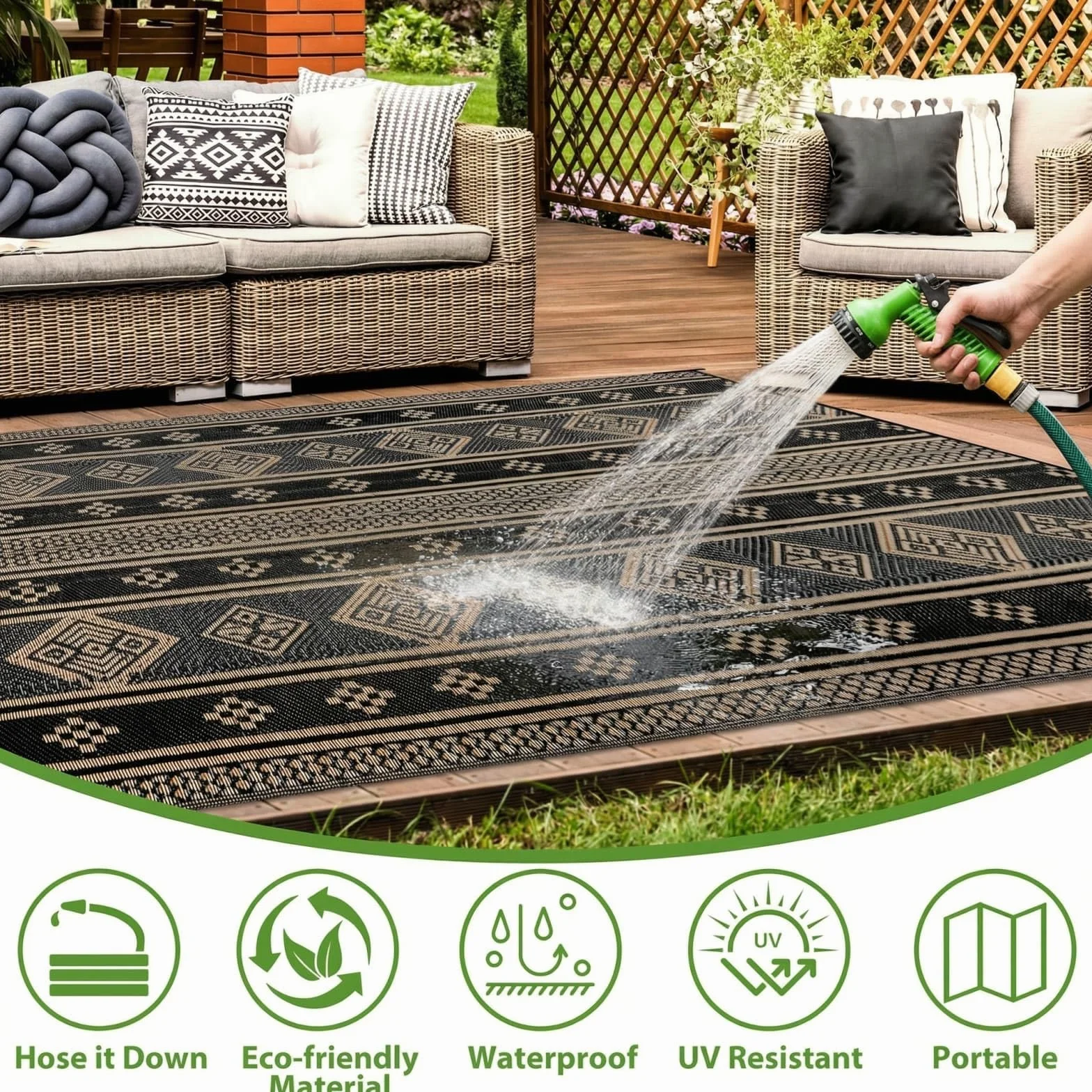 SHACOS Dywan zewnętrzny na patio, wodoodporny, 150 x 240 cm, czarny, dwustronny dywan ogrodowy, dywany, odporny na promieniowanie UV, składany dywan na zewnątrz, mata z tworzywa sztucznego, słomkowy