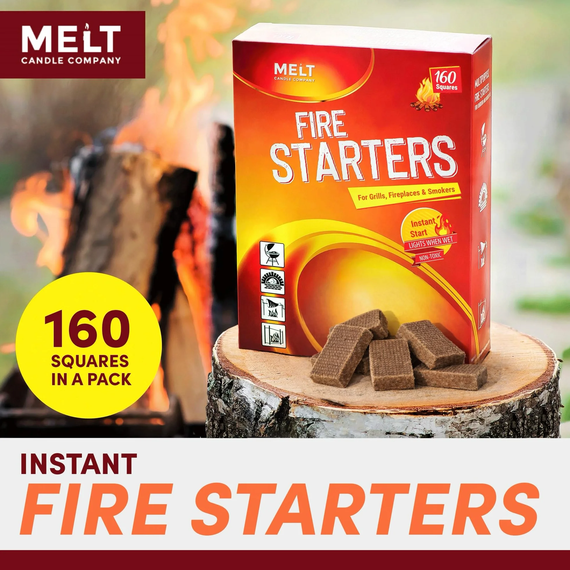 Ogień Starters Big Pack 160 kwadratów węgiel startowy do grilla, ogniska, kominka, paleniska, wędzarni, bez rozbłysków i smaku. Rozrusznik do pieca na drewno i pellet. Wodoodporne, wytrzymałe kwadraty