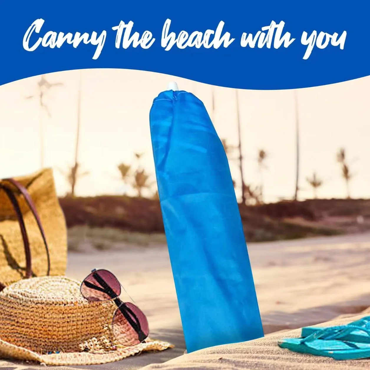 Pokrowiec na parasol plażowy z wytrzymałym uchwytem. Pokrowiec na parasol plażowy z niebieską rączką. Akcesorium uzupełniające lub zamienne do parasoli plażowych.