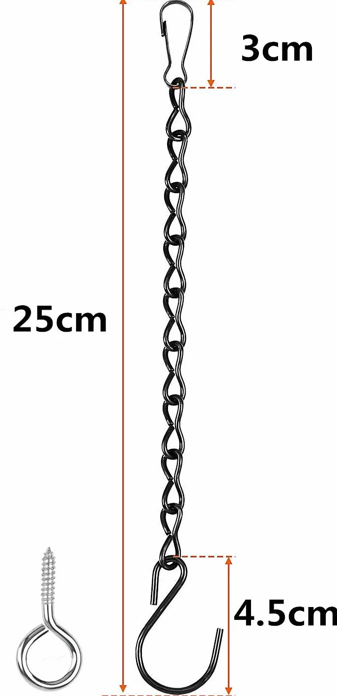 Zestaw 4 stalowych łańcuchów z hakiem w kształcie litery S i karabińczykiem, wymienne haki śrubowe do zawieszenia, do domku dla ptaków, karmnik dla dzikich ptaków, budka lęgowa, doniczka na
