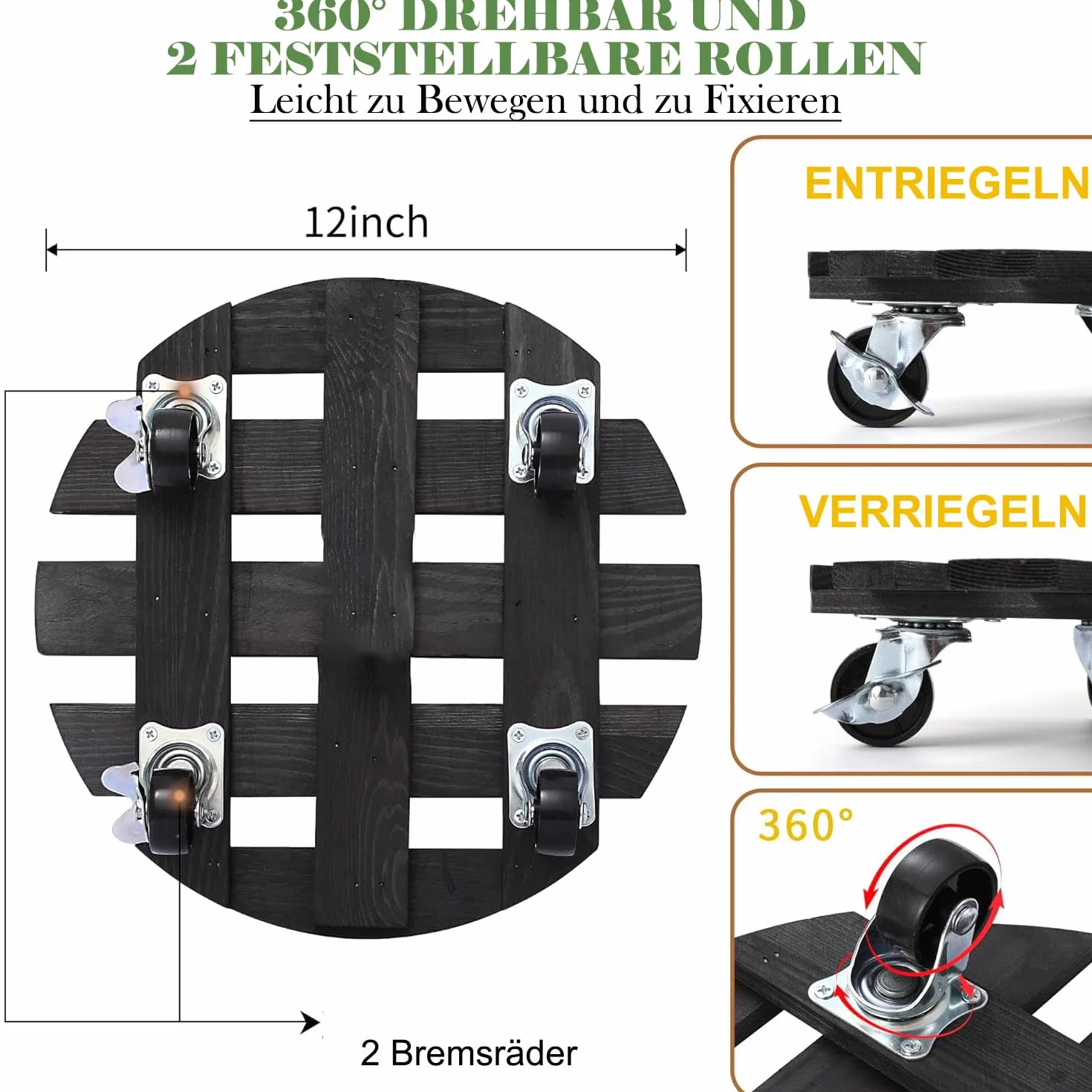 2-pak okrągłych wózków na rośliny, drewniany pojemnik na rośliny z kółkami, mobilny wytrzymały stojak na rośliny z 2 metalowymi zamykanymi kółkami do użytku wewnątrz, na zewnątrz, do domu