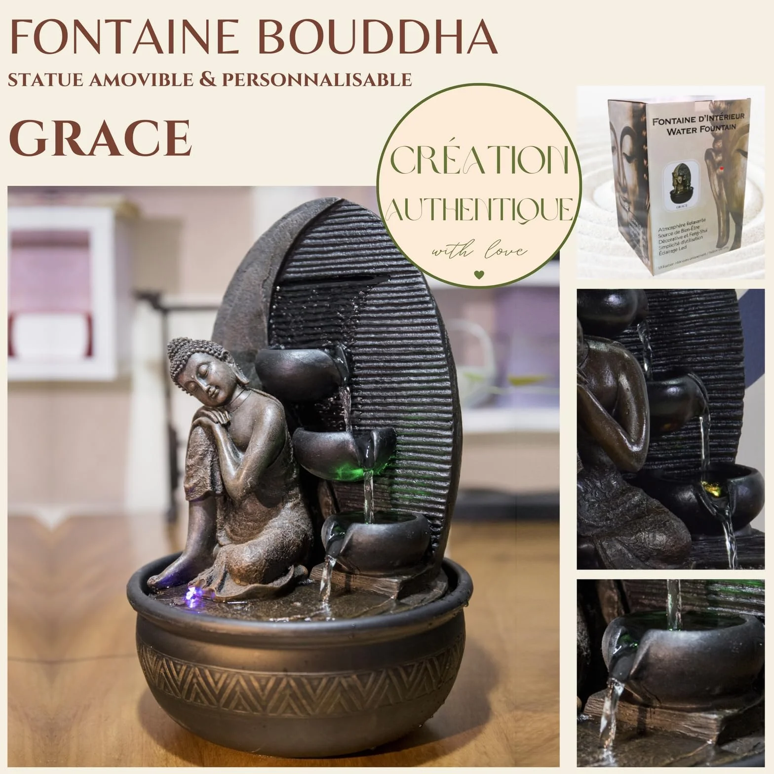 Zen'Light Bouddha Grace Fontanna, Żywica, Brązowy, 26 x 26 x 40 cm