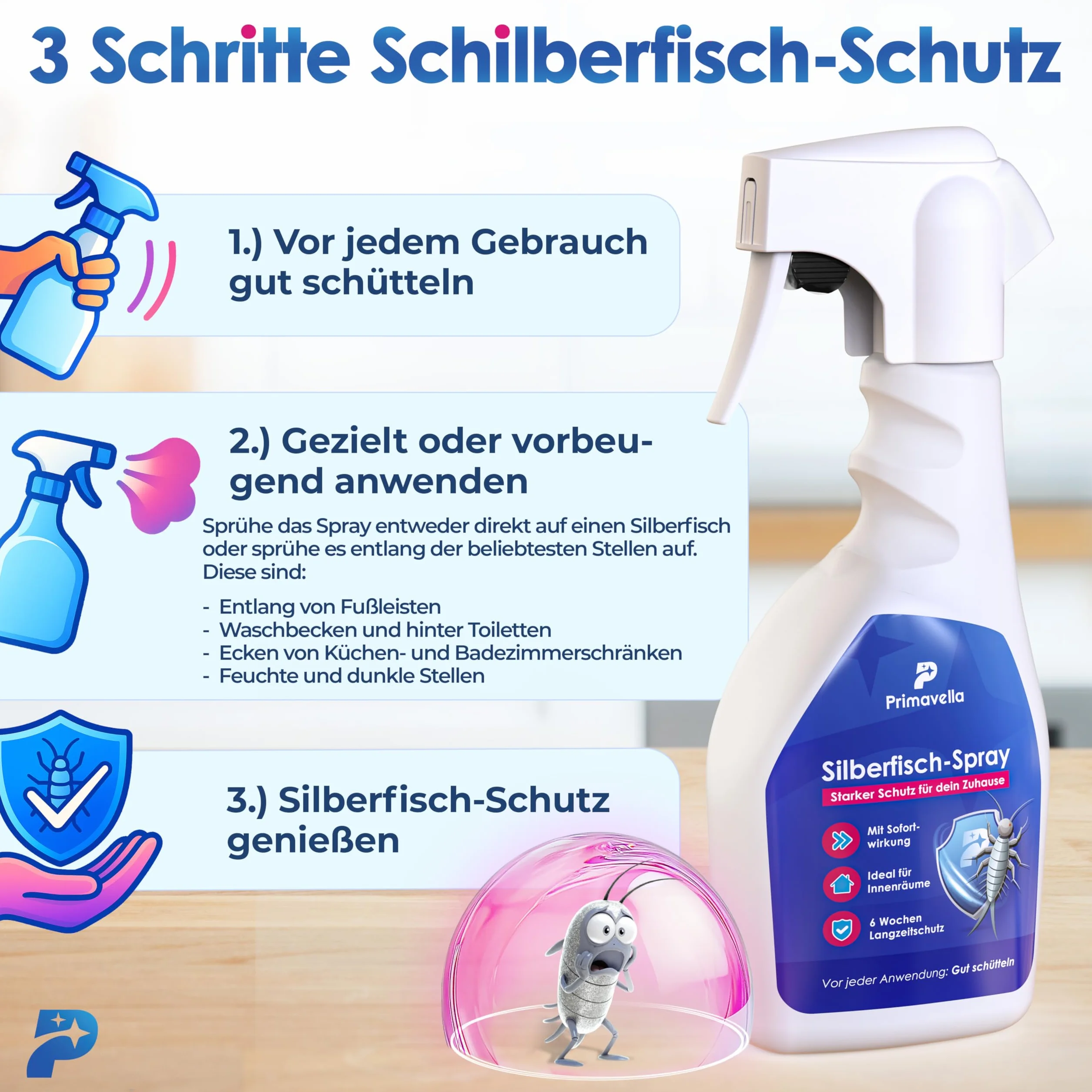 Primavella silverfish spray - 500ml ochrona przed silverfish i paperfish - zwalczanie silverfish - z długotrwałą ochroną - spray na owady do zwalczania szkodników