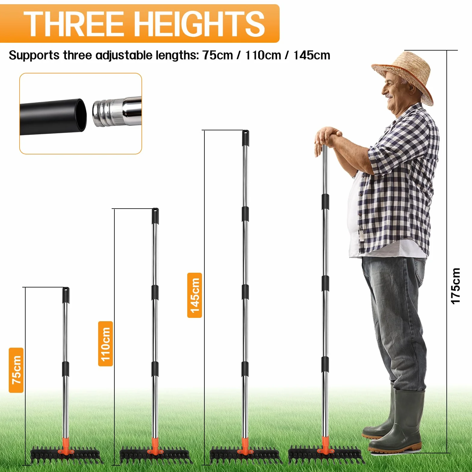 Grabie ogrodowe z trzonkiem regulowana długość 75 cm/110 cm/145 cm do usuwania liści i chwastów
