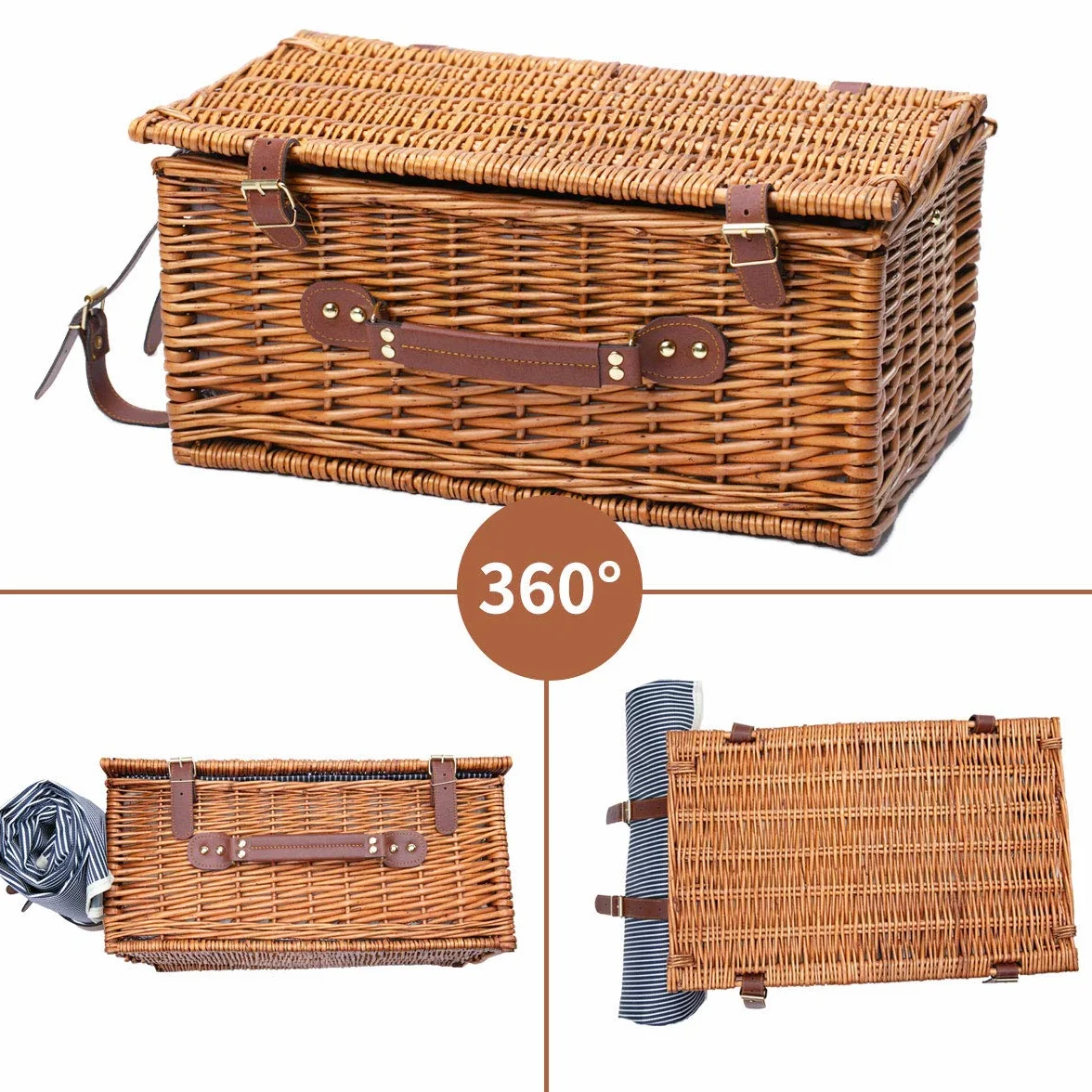 Klasyczny kosz piknikowy w stylu retro, kosz wiklinowy z serwisem dla 4 osób, zestaw upominkowy z wodoszczelnym kocem, na kemping i imprezę na świeżym powietrzu; zorganizuj rodzinie wspaniały weekend